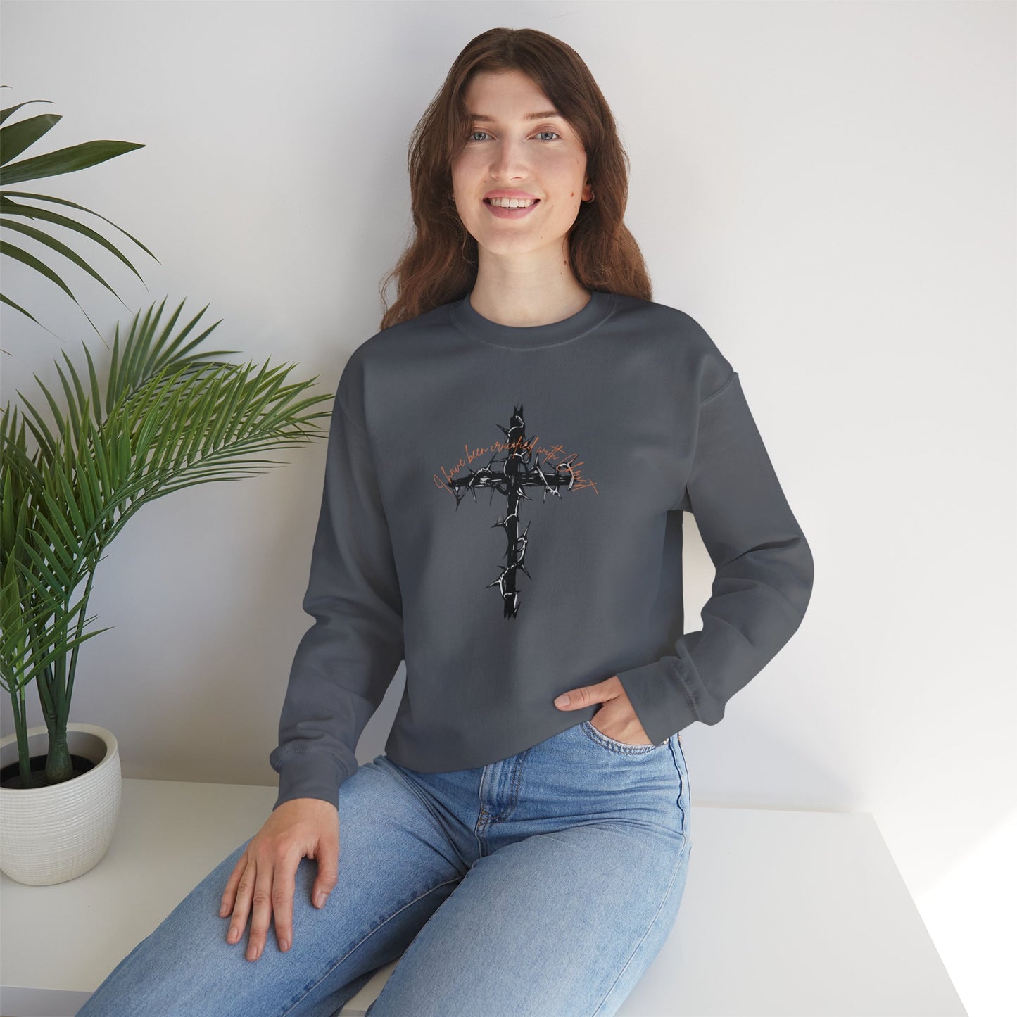 Faith Inspired Crewneck Sweatshirt Barbed Cross Design with Galatians 2:20