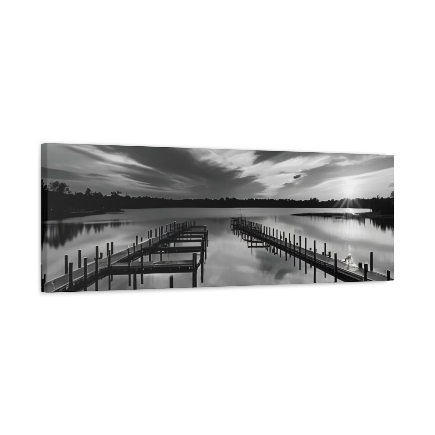 Serene Black and White Landscape Canvas Wall Art. Experience the calming vibe of overlooking the water at the end of the day.