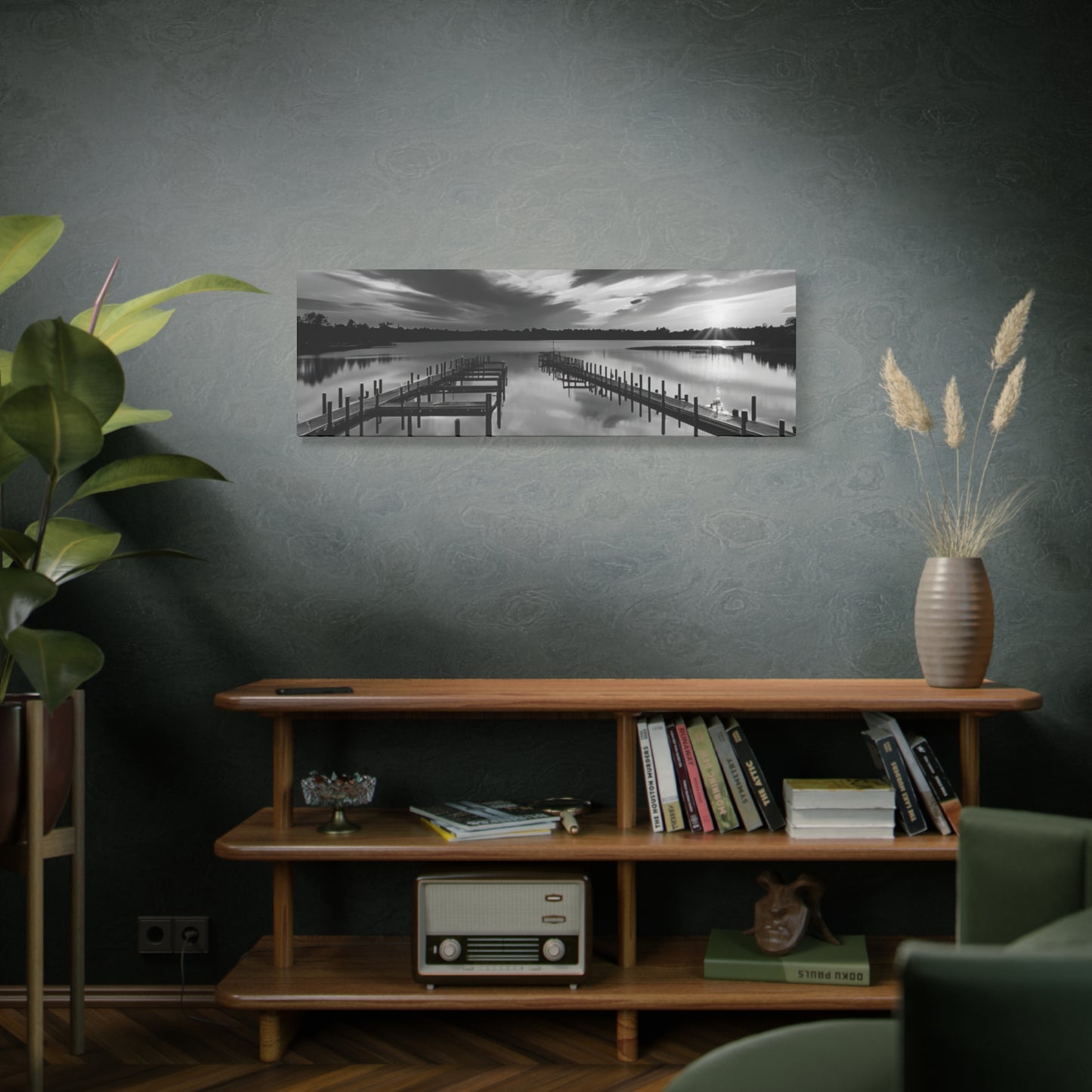 Serene Black and White Landscape Canvas Wall Art. Experience the calming vibe of overlooking the water at the end of the day.