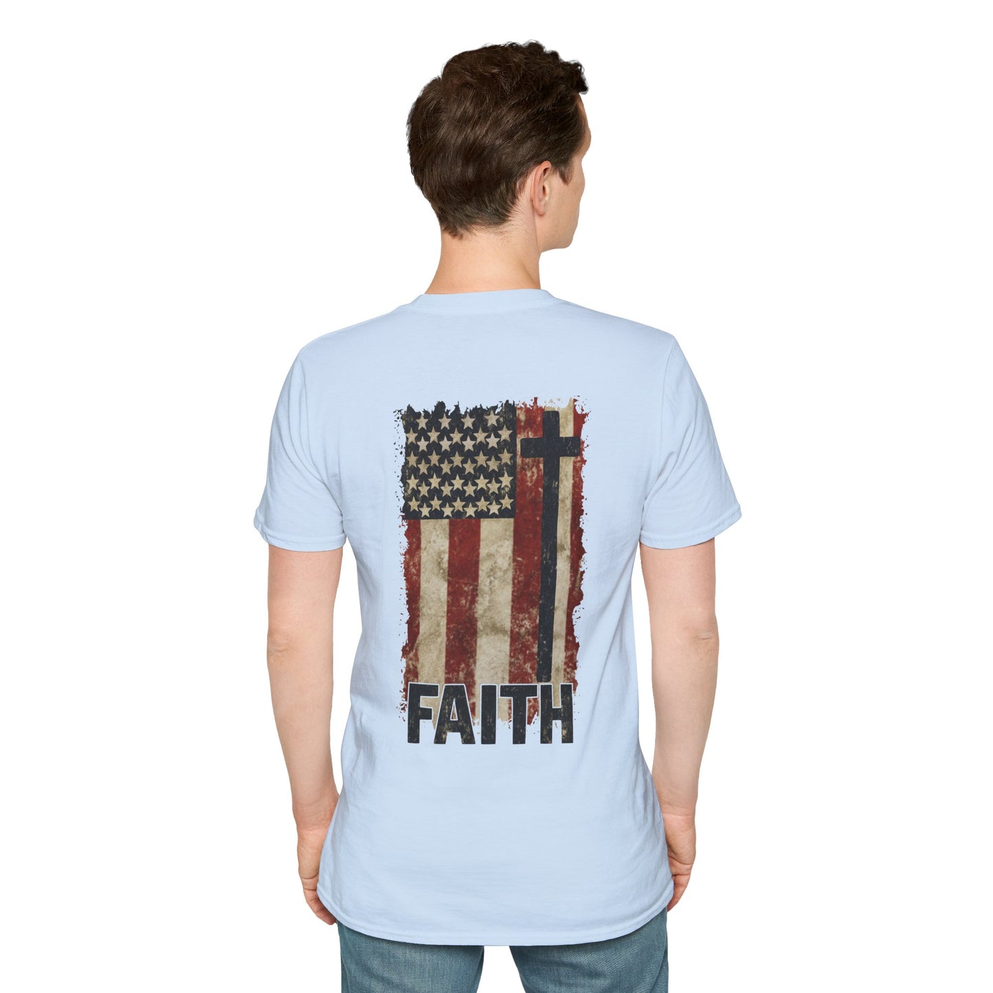 Faith-Inspired Unisex Softstyle T-Shirt, Vintage American Flag Tee, Inspirational Faith Shirt, Christian Apparel, Gifts for Believers