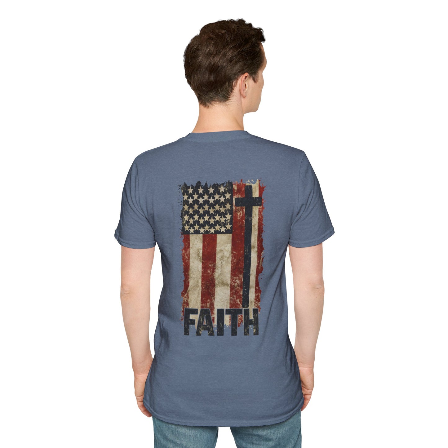 Faith-Inspired Unisex Softstyle T-Shirt, Vintage American Flag Tee, Inspirational Faith Shirt, Christian Apparel, Gifts for Believers