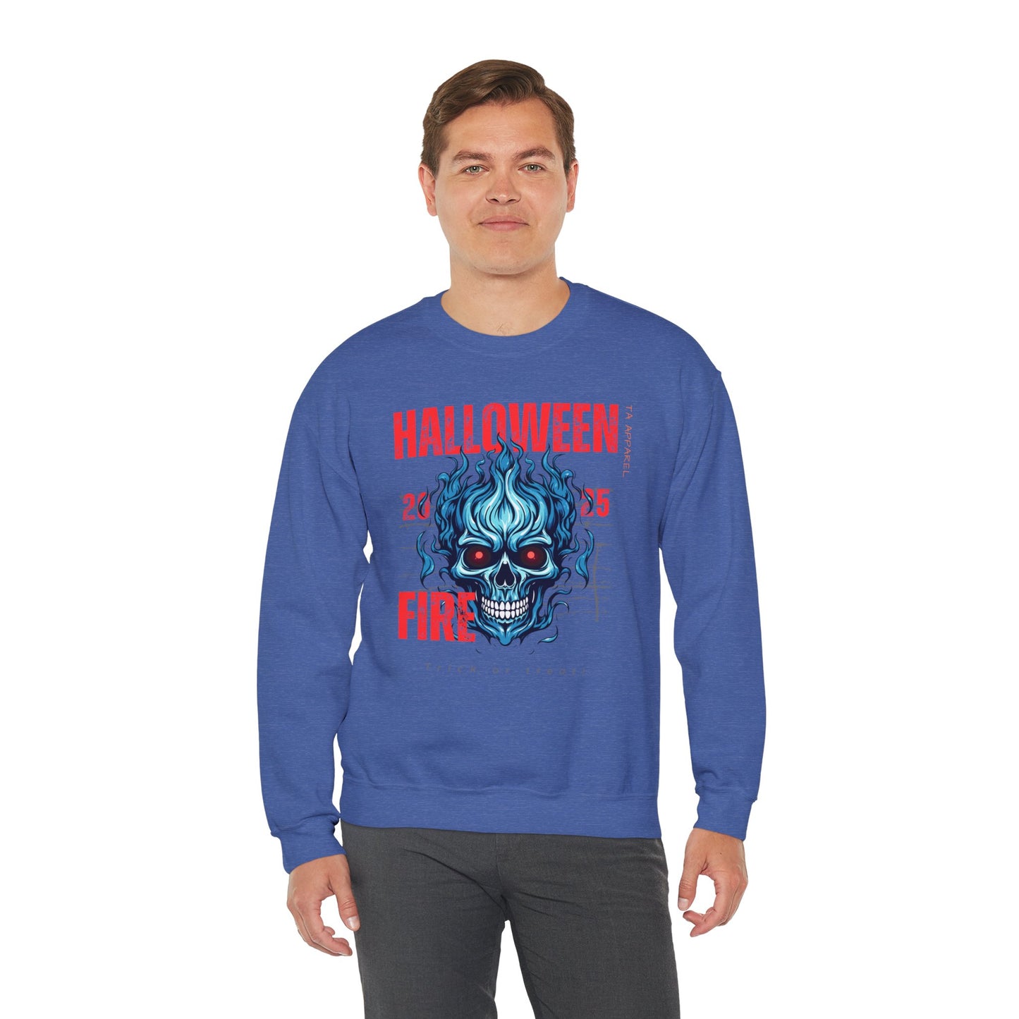 Halloween Fire Skull Sweatshirt, Unisex Crewneck for Fall, Spooky Season Apparel, Gift for Halloween Lovers, Cozy Awareness Top