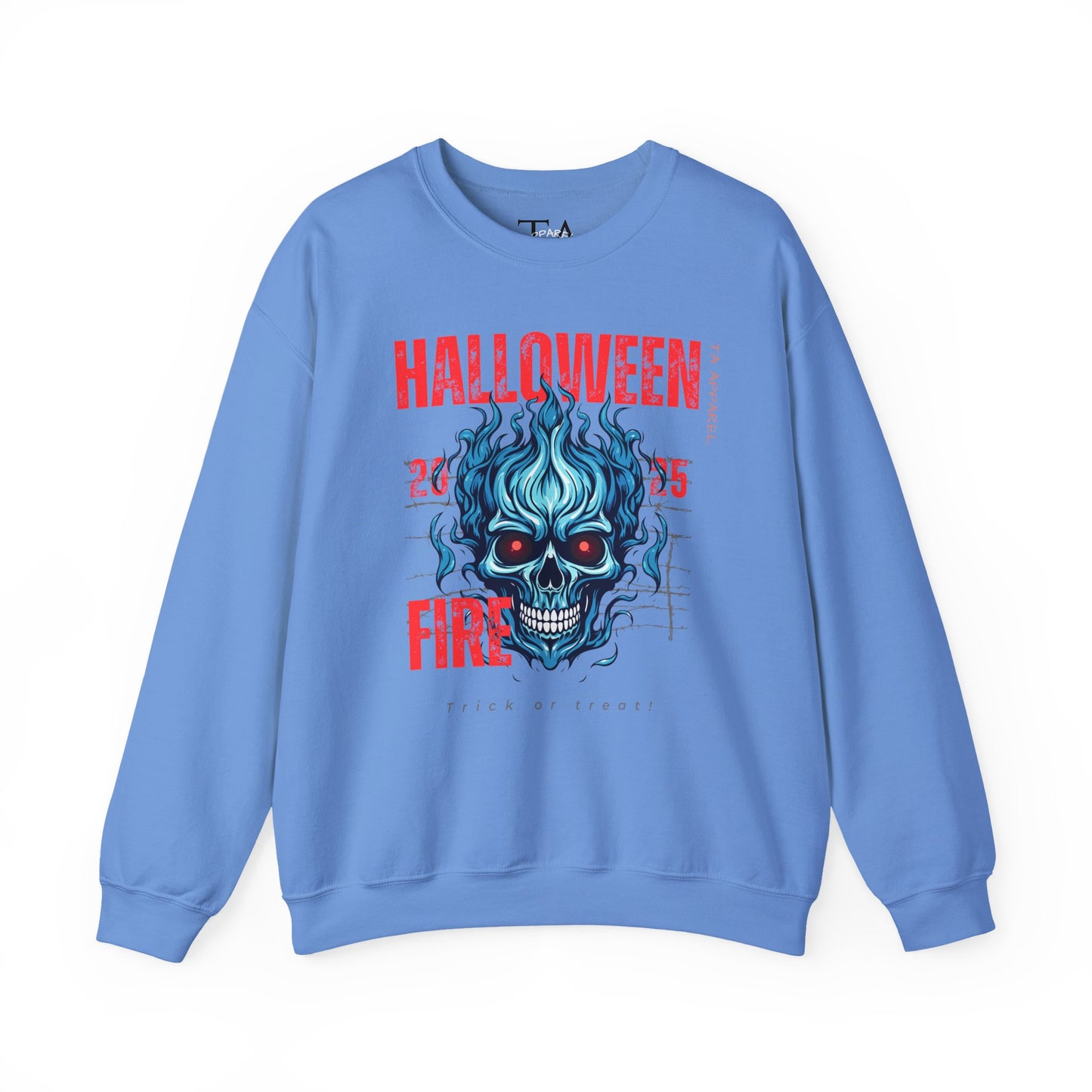 Halloween Fire Skull Sweatshirt, Unisex Crewneck for Fall, Spooky Season Apparel, Gift for Halloween Lovers, Cozy Awareness Top