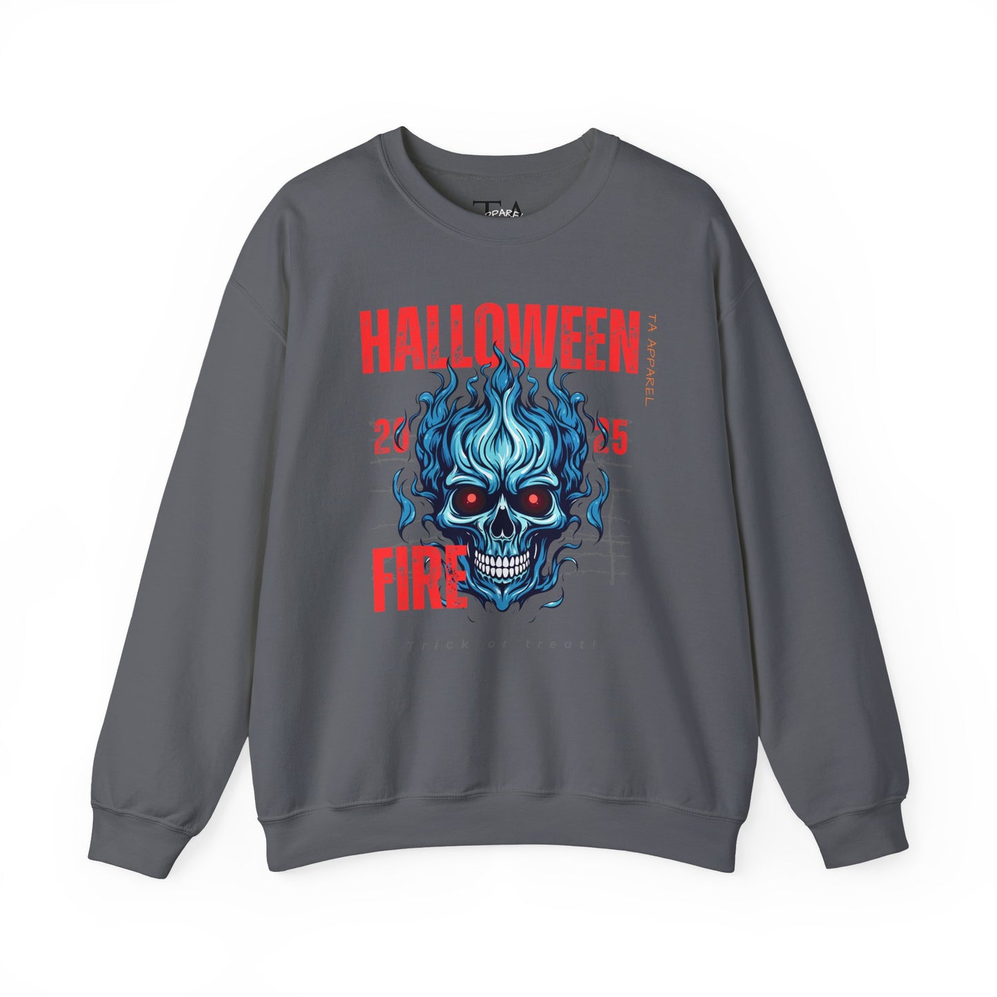 Halloween Fire Skull Sweatshirt, Unisex Crewneck for Fall, Spooky Season Apparel, Gift for Halloween Lovers, Cozy Awareness Top