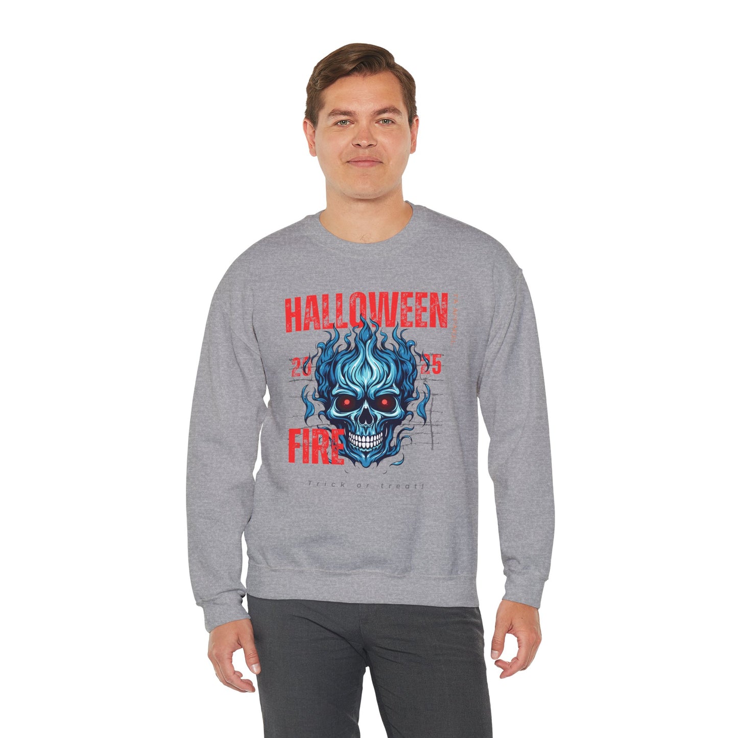 Halloween Fire Skull Sweatshirt, Unisex Crewneck for Fall, Spooky Season Apparel, Gift for Halloween Lovers, Cozy Awareness Top