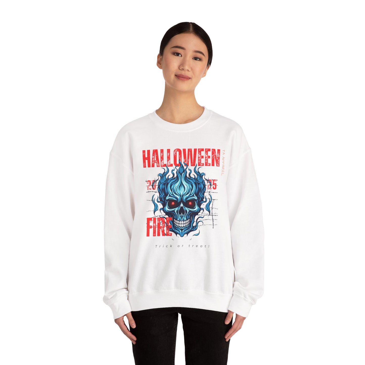 Halloween Fire Skull Sweatshirt, Unisex Crewneck for Fall, Spooky Season Apparel, Gift for Halloween Lovers, Cozy Awareness Top