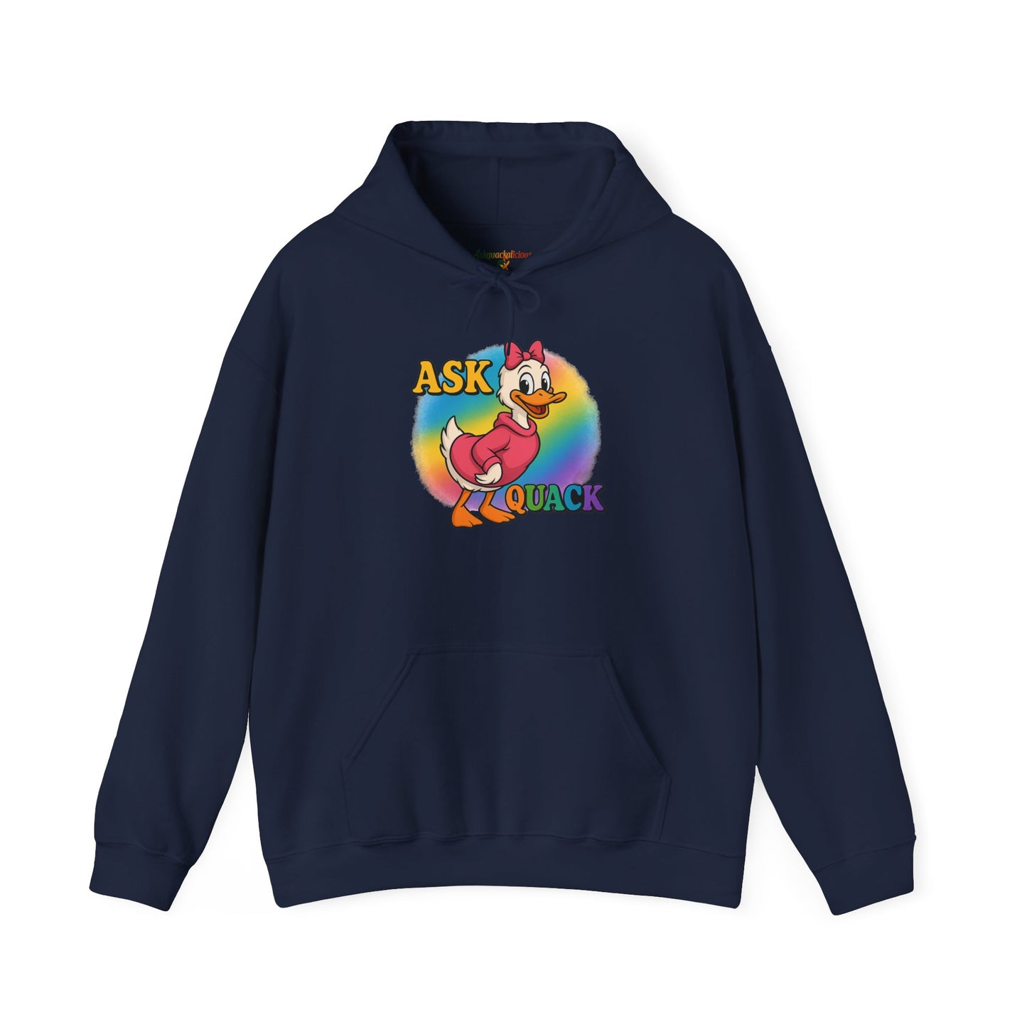 Askquack Female Duck Unisex Hoodie, Quirky Duck Design Sweatshirt, Novelty Animal Jumper, Humorous Duck Apparel, Unique Hooded Top