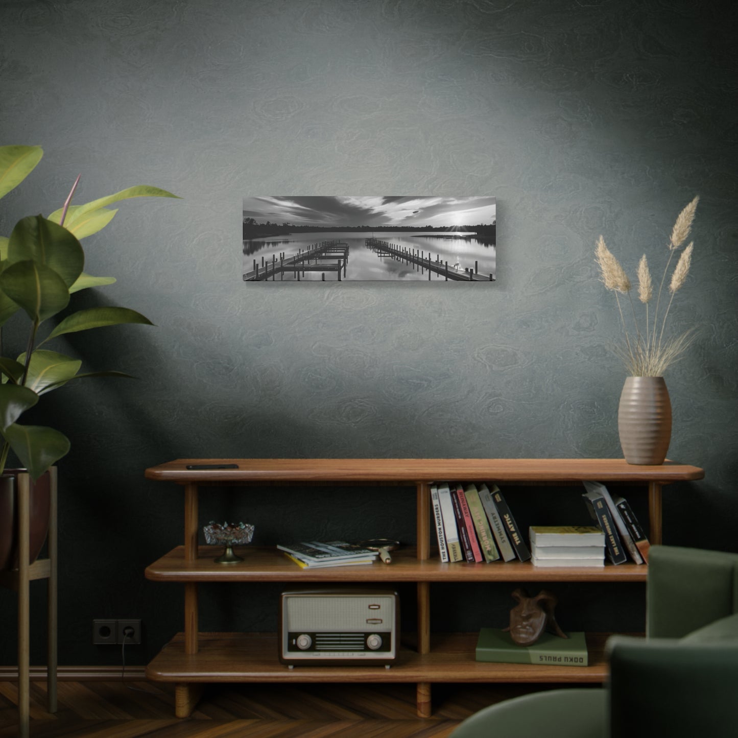 Serene Black and White Landscape Canvas Wall Art. Experience the calming vibe of overlooking the water at the end of the day.