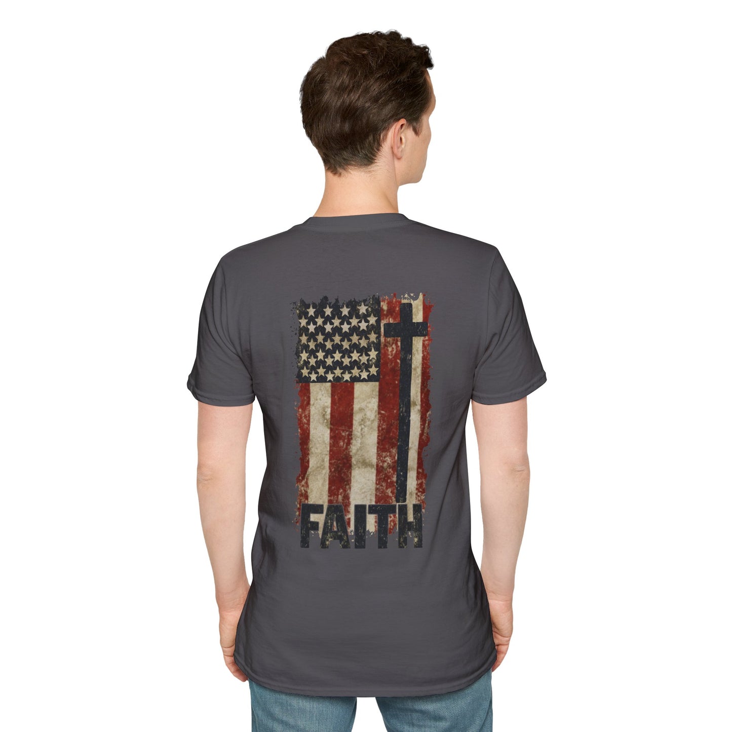 Faith-Inspired Unisex Softstyle T-Shirt, Vintage American Flag Tee, Inspirational Faith Shirt, Christian Apparel, Gifts for Believers