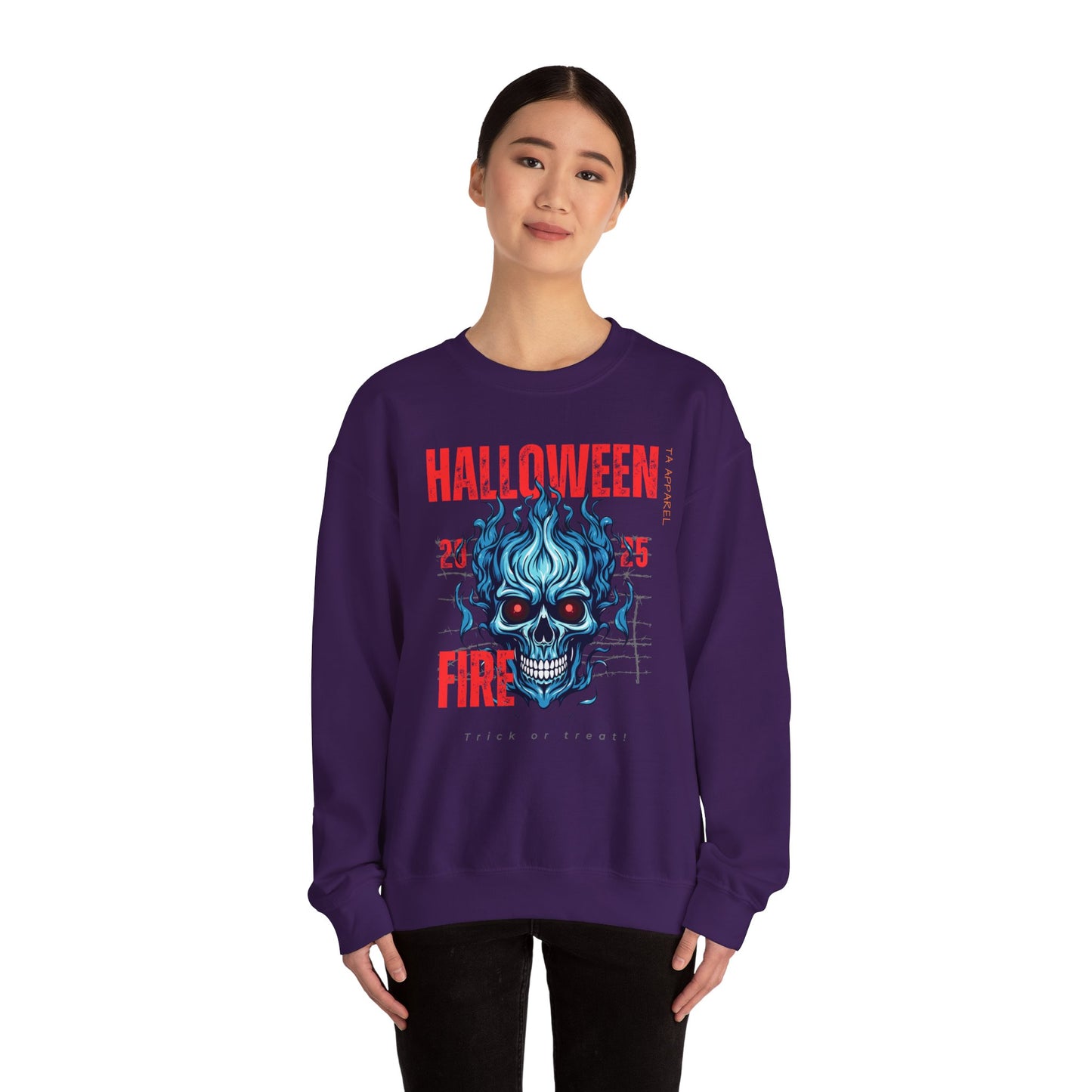 Halloween Fire Skull Sweatshirt, Unisex Crewneck for Fall, Spooky Season Apparel, Gift for Halloween Lovers, Cozy Awareness Top