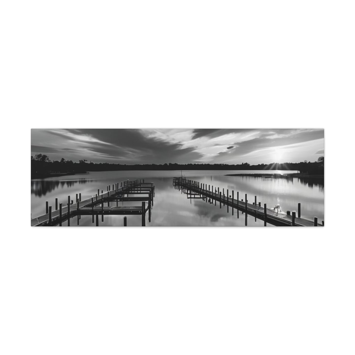 Serene Black and White Landscape Canvas Wall Art. Experience the calming vibe of overlooking the water at the end of the day.