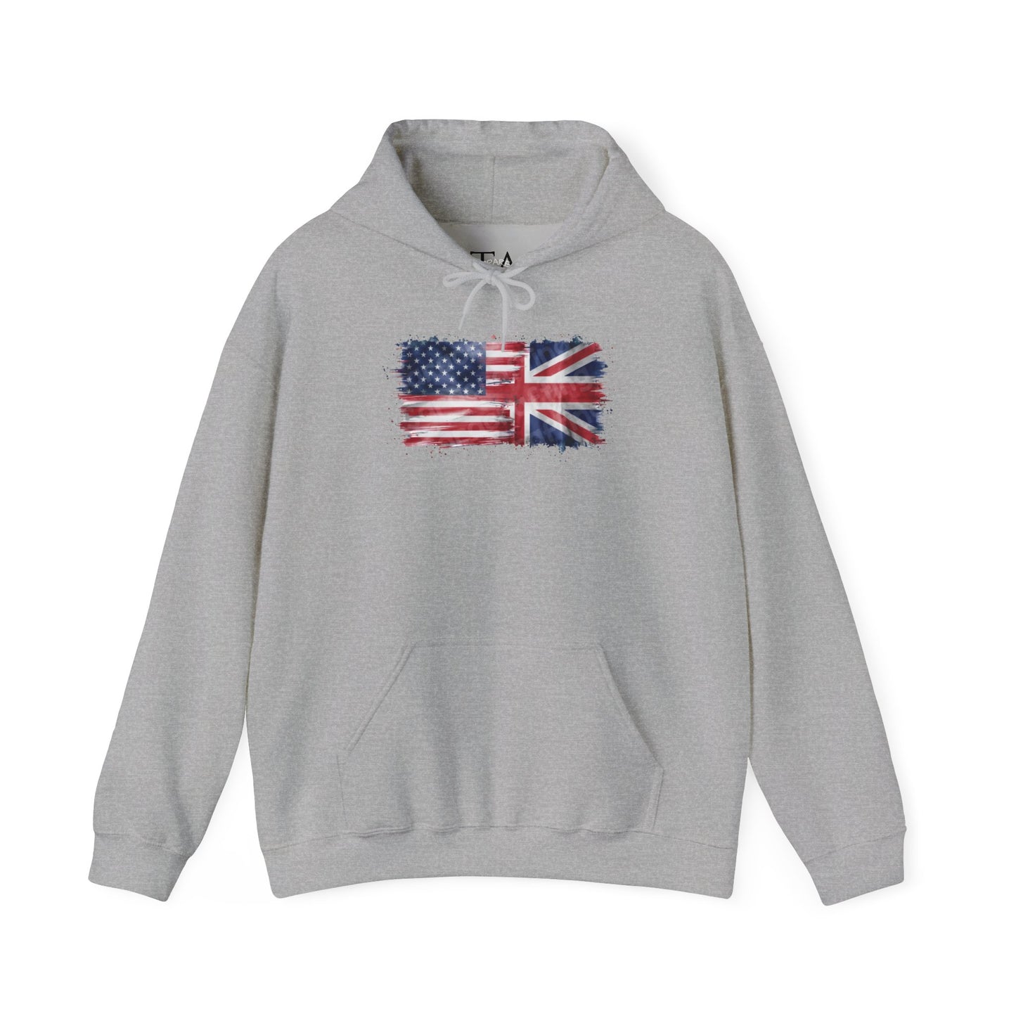 Patriotic Hooded Sweatshirt | Unisex Heavy Blend™ | USA & UK Flag Design | Cozy Gift for Holidays, Reunions, or Casual Wear