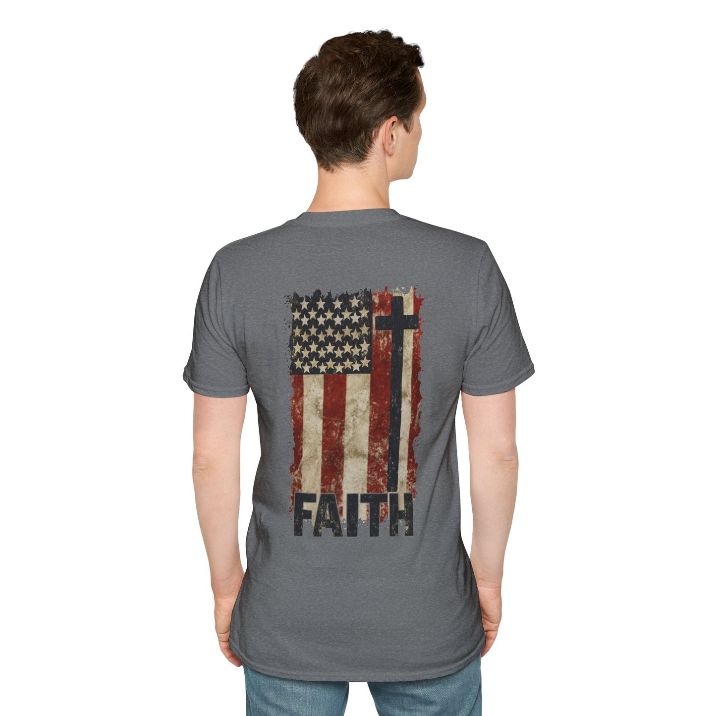 Faith-Inspired Unisex Softstyle T-Shirt, Vintage American Flag Tee, Inspirational Faith Shirt, Christian Apparel, Gifts for Believers