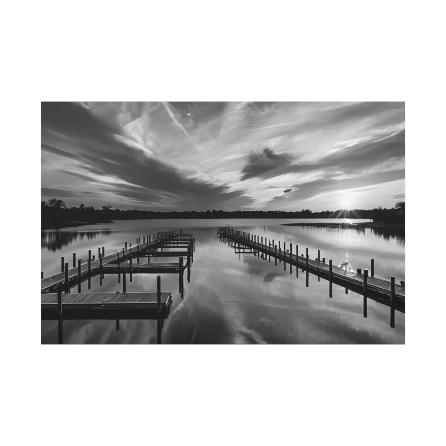 Serene Black and White Landscape Canvas Wall Art. Experience the calming vibe of overlooking the water at the end of the day.
