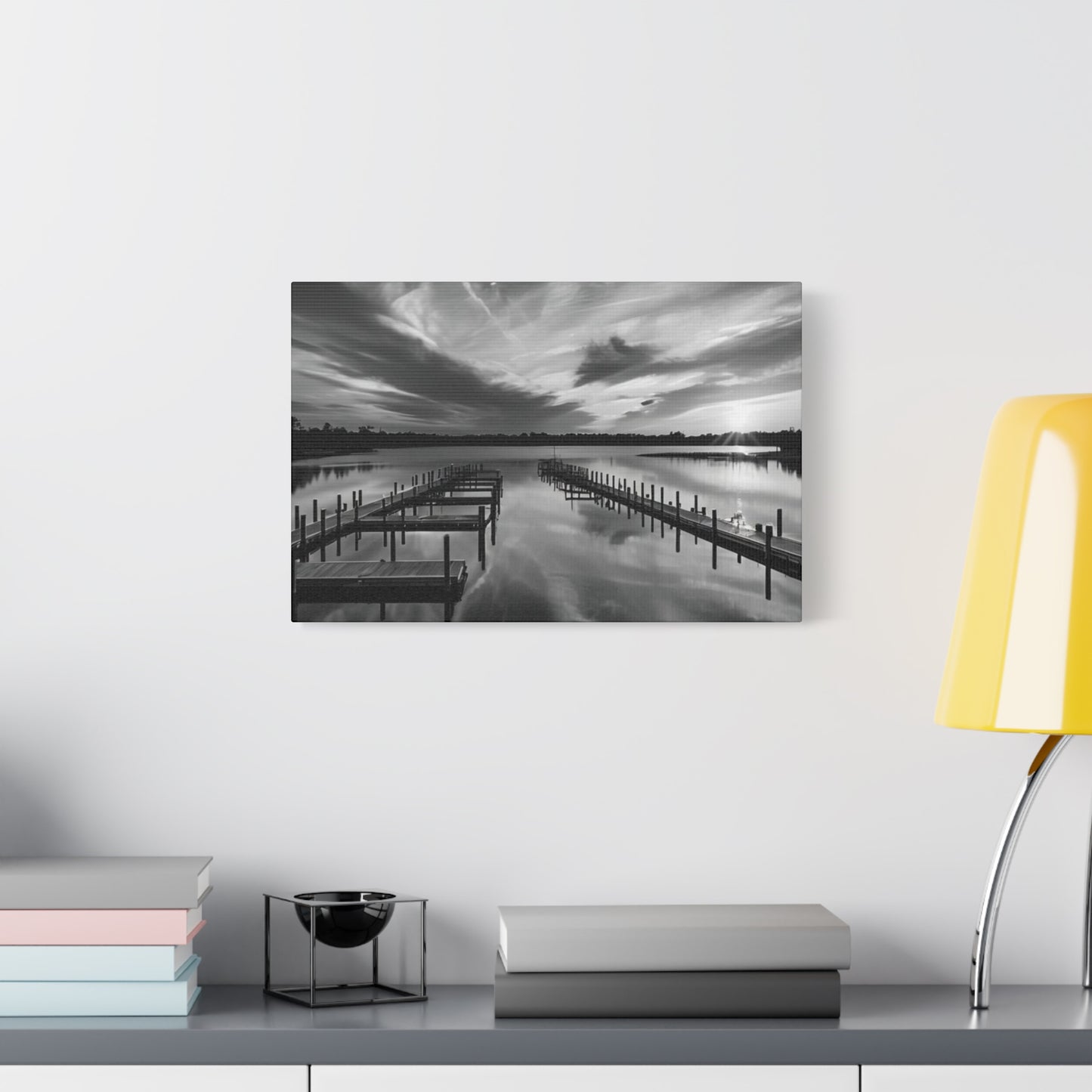 Serene Black and White Landscape Canvas Wall Art. Experience the calming vibe of overlooking the water at the end of the day.