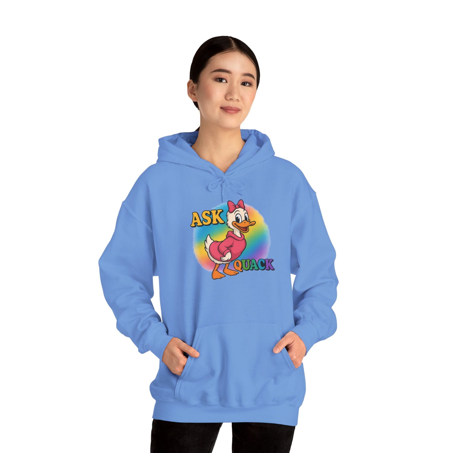Askquack Female Duck Unisex Hoodie, Quirky Duck Design Sweatshirt, Novelty Animal Jumper, Humorous Duck Apparel, Unique Hooded Top