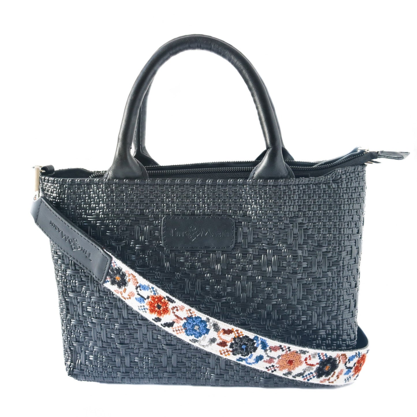 Tin Marin - All Black Small Woven Crossbody Bag - Black Leather