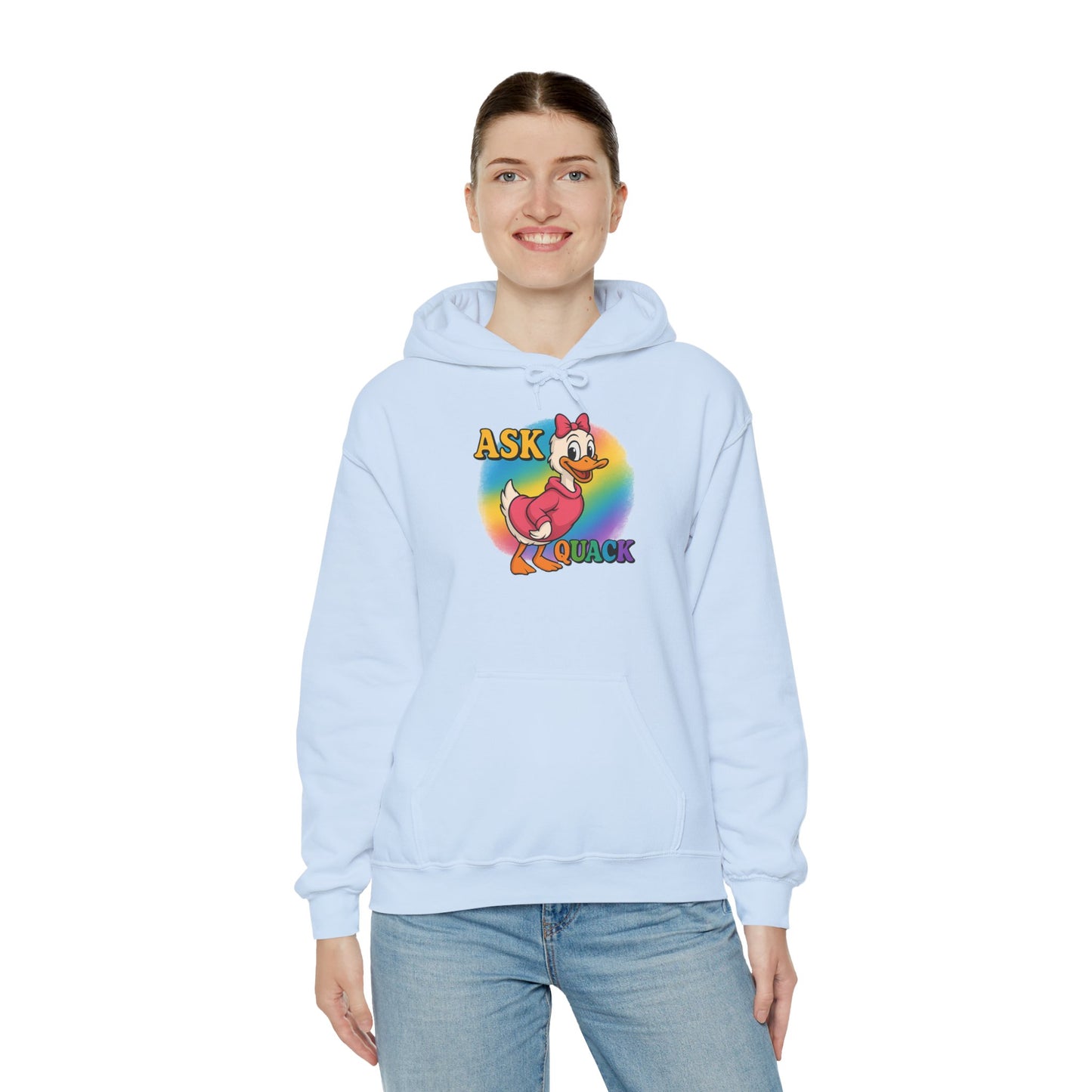 Askquack Female Duck Unisex Hoodie, Quirky Duck Design Sweatshirt, Novelty Animal Jumper, Humorous Duck Apparel, Unique Hooded Top