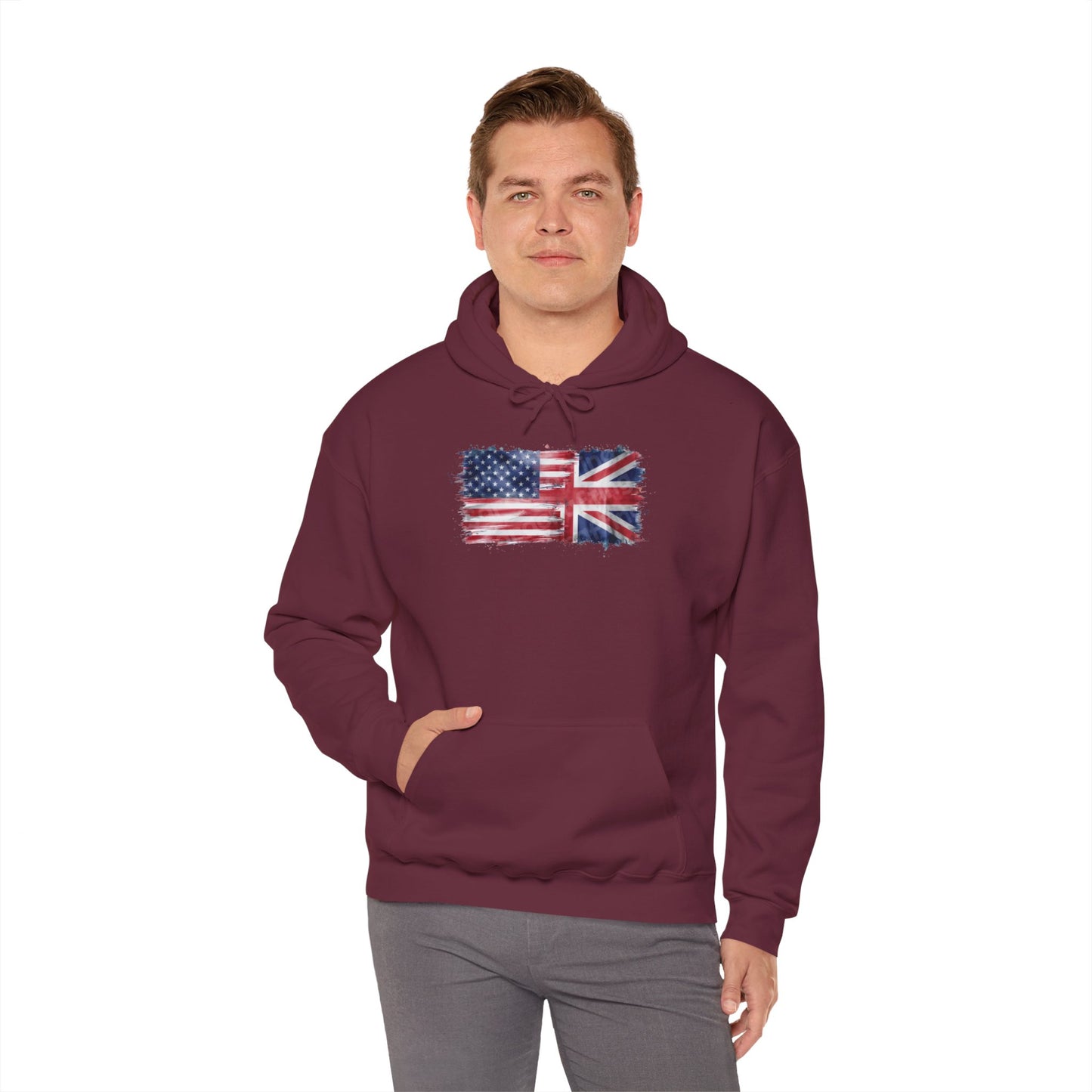 Patriotic Hooded Sweatshirt | Unisex Heavy Blend™ | USA & UK Flag Design | Cozy Gift for Holidays, Reunions, or Casual Wear