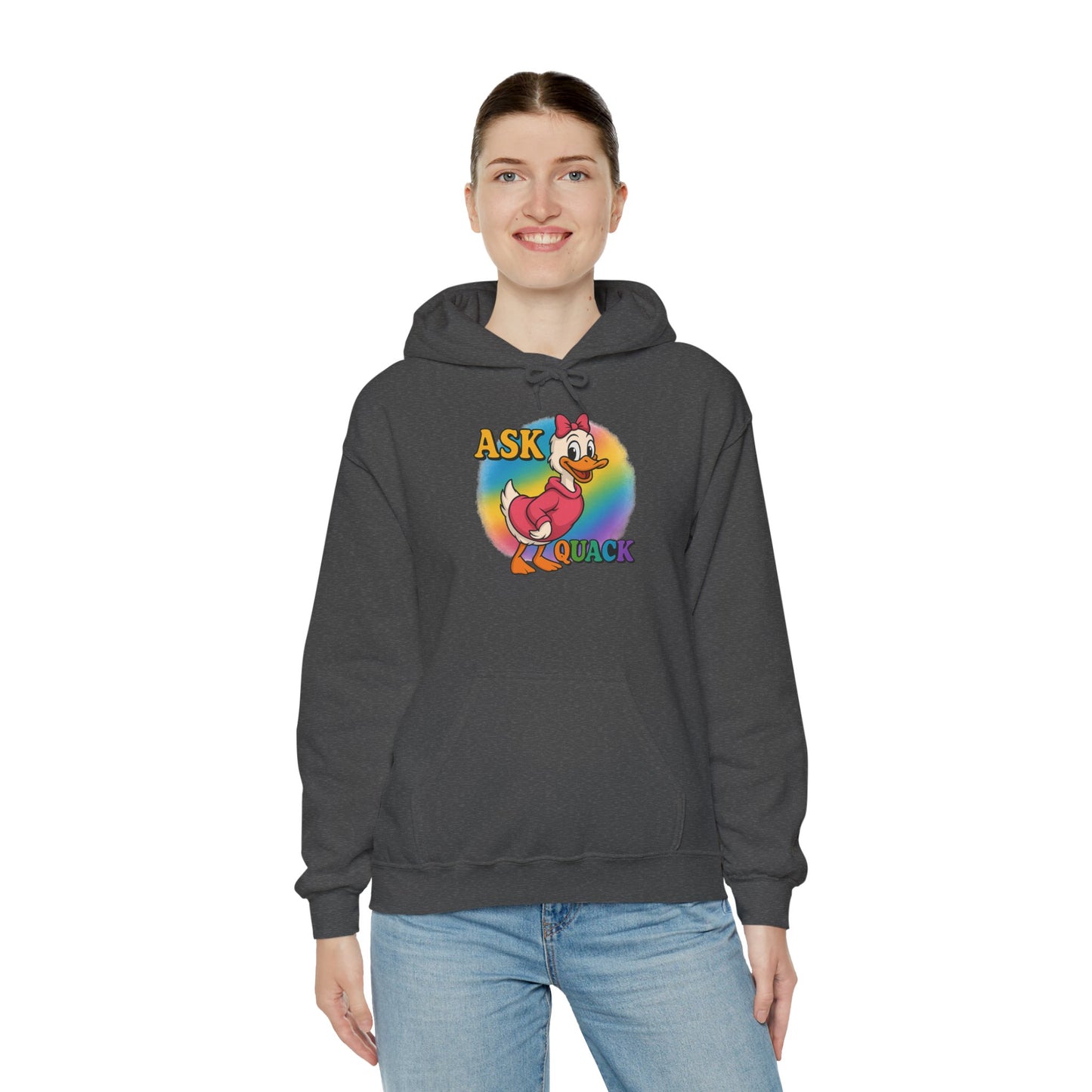 Askquack Female Duck Unisex Hoodie, Quirky Duck Design Sweatshirt, Novelty Animal Jumper, Humorous Duck Apparel, Unique Hooded Top