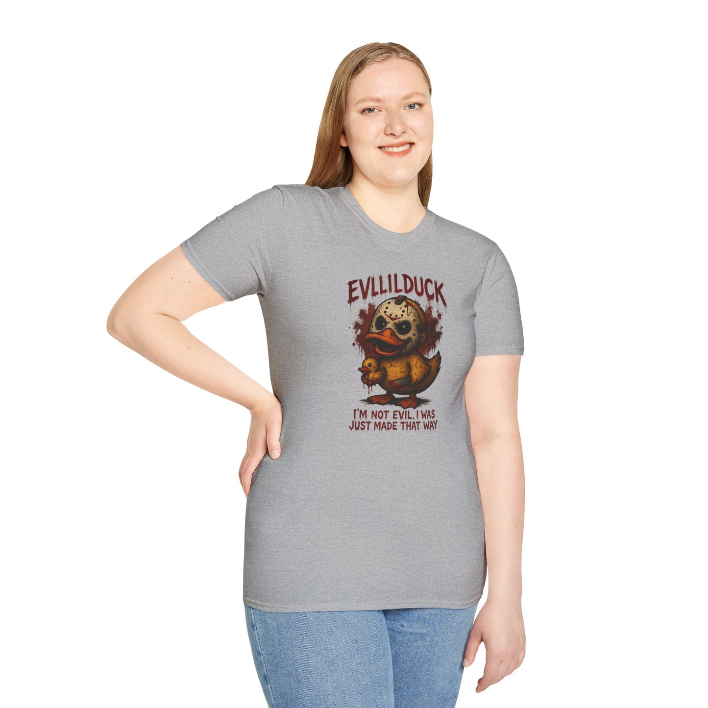 EVLLILDUCK Funny Graphic T-Shirt, Cute Duck Shirt, Unisex Softstyle Tee, Gift for Kids, Funny Quirky T-Shirt, Casual Wear, Halloween Apparel