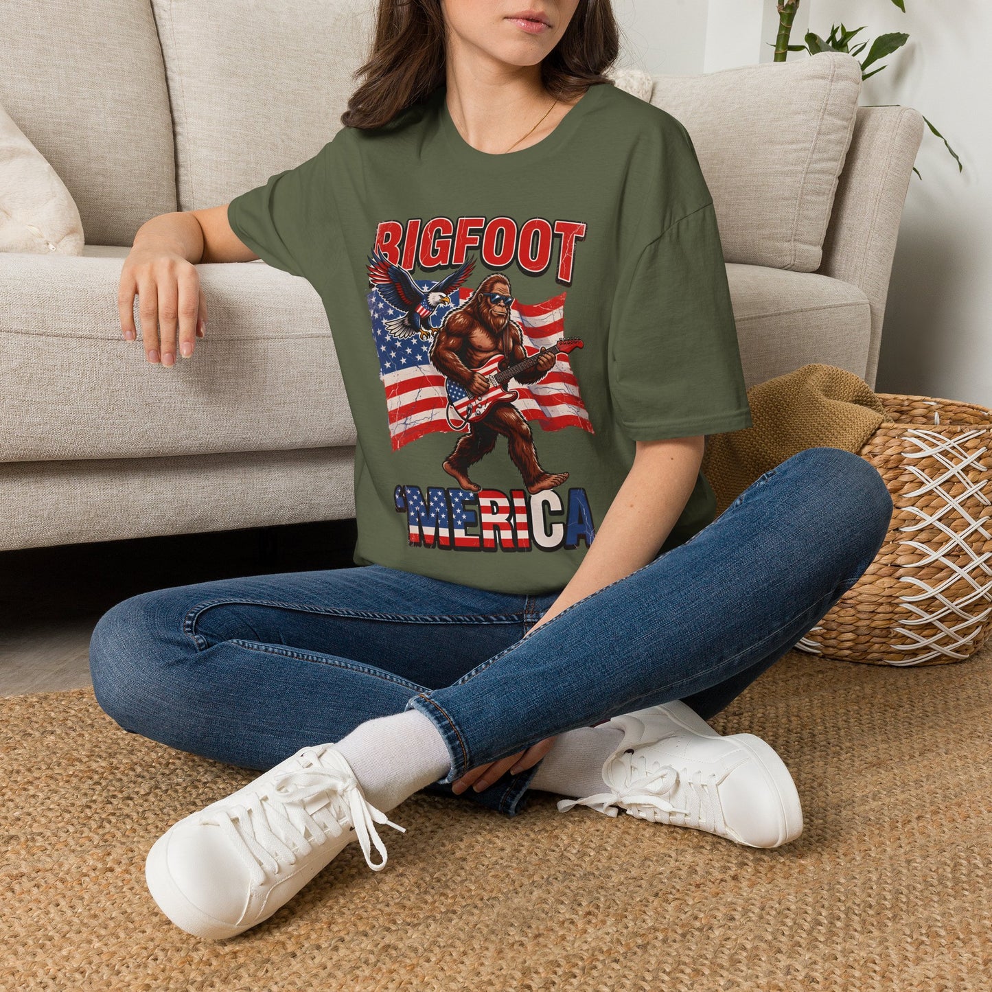Bigfoot America T-Shirt — Patriotic Bigfoot Playing Guitar Graphic Tee