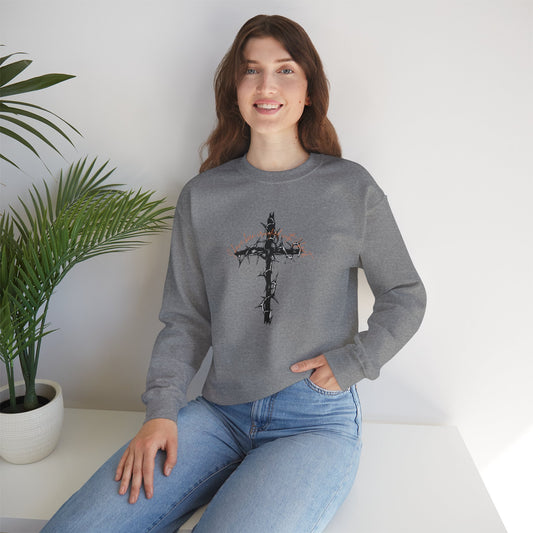 Faith Inspired Crewneck Sweatshirt Barbed Cross Design with Galatians 2:20