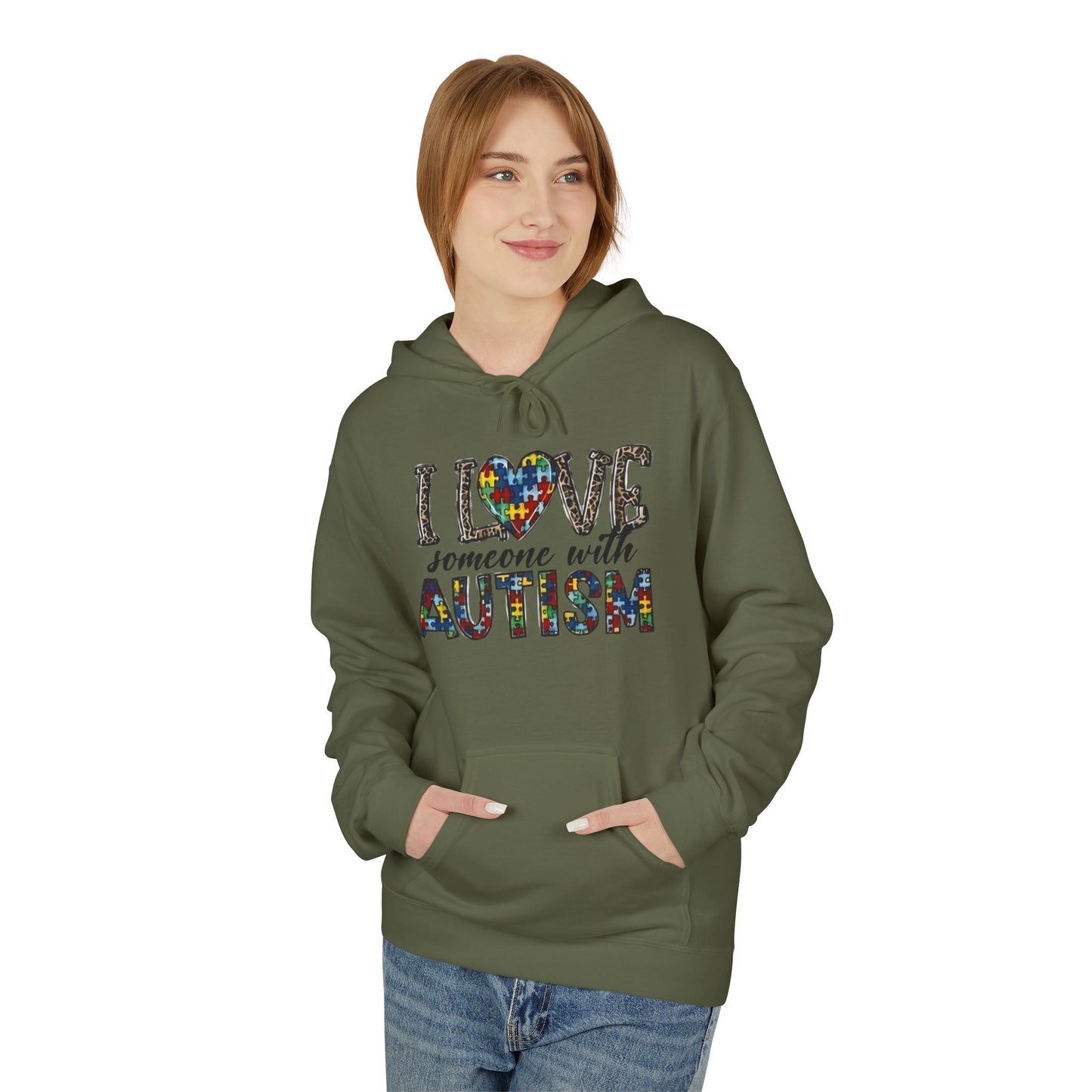 Autism Awareness Softstyle Hoodie - "I Love Someone With Autism" Puzzle Heart Design