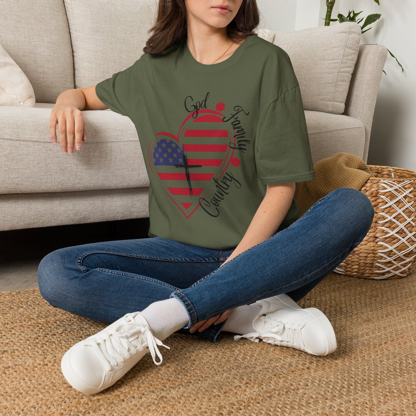 Patriotic Heart T-Shirt — "God Family Country" USA Flag Graphic