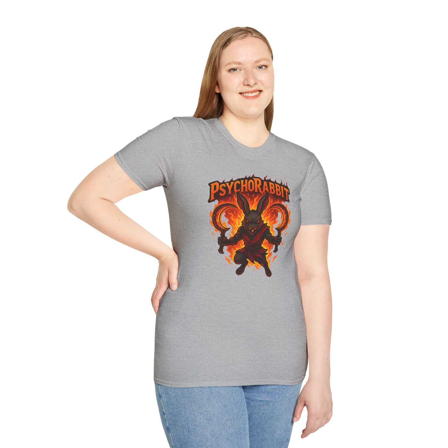 Psychorabbit Graphic Tee | Unisex Softstyle T-Shirt for Anime Fans and Gamers