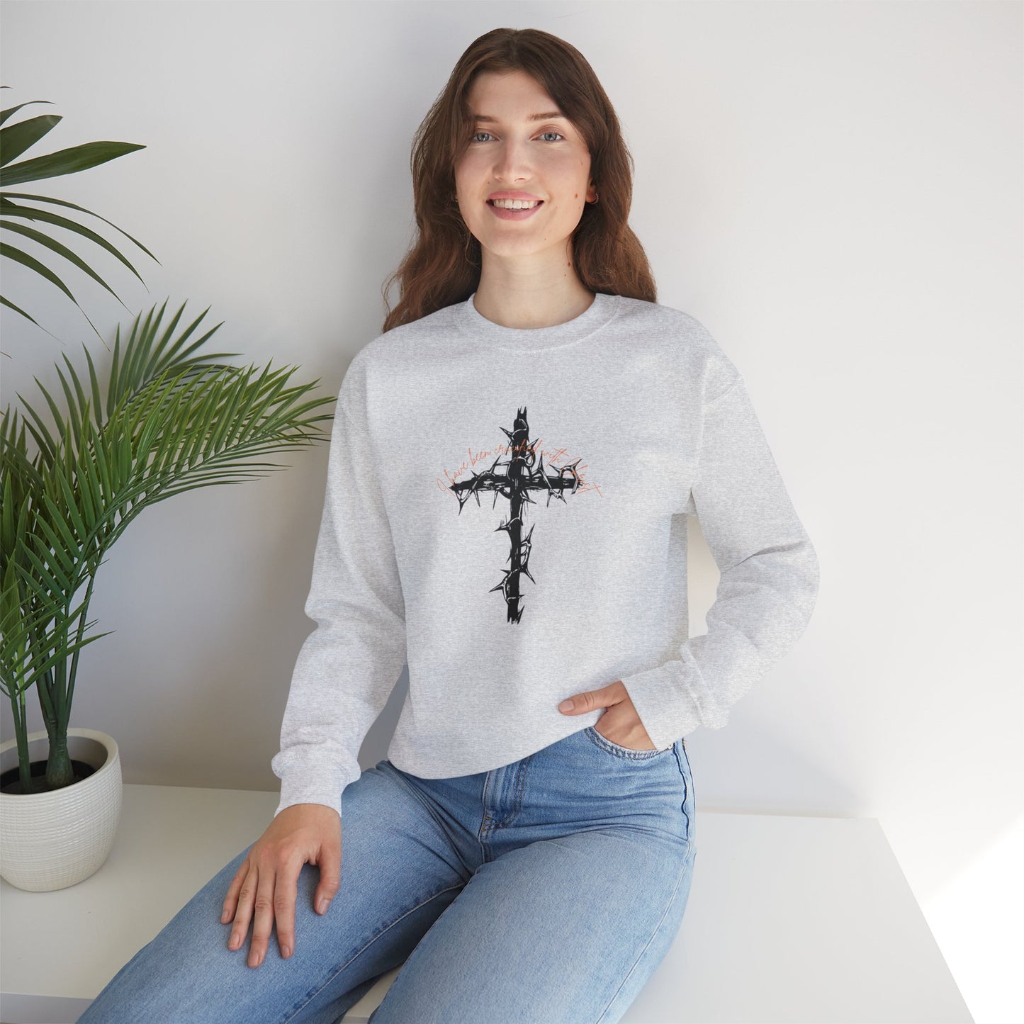 Faith Inspired Crewneck Sweatshirt Barbed Cross Design with Galatians 2:20