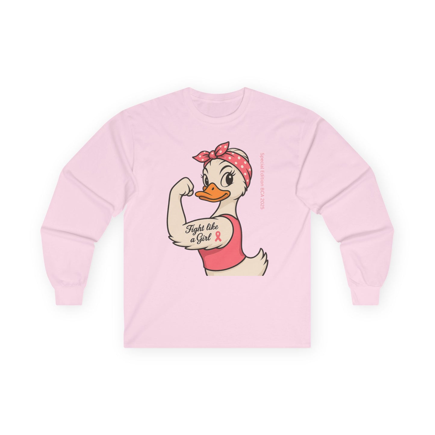 Breast Cancer Awareness Fight Like a Girl Duck Long Sleeve Tee - Unisex Crewneck, Roxie the Riveter Empowerment, Gift for him and her