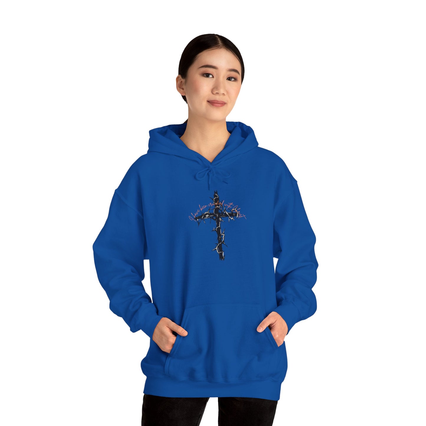 Faith Inspired Christian Cross with Thorns on Front and Galatians 2:20 on back Hooded Sweatshirt