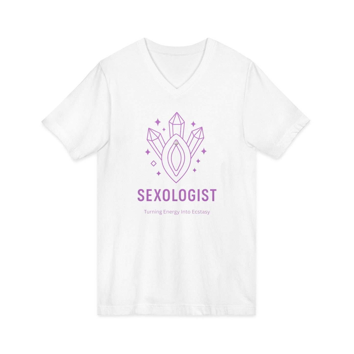 Sexologist V-Neck T-Shirt - Turning Energy into Ecstasy - Funny Graphic Tee, Gift for Sex Educators, Pride Apparel, Unisex Jersey Short