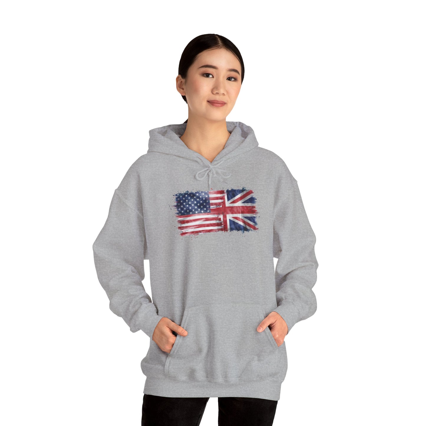 Patriotic Hooded Sweatshirt | Unisex Heavy Blend™ | USA & UK Flag Design | Cozy Gift for Holidays, Reunions, or Casual Wear