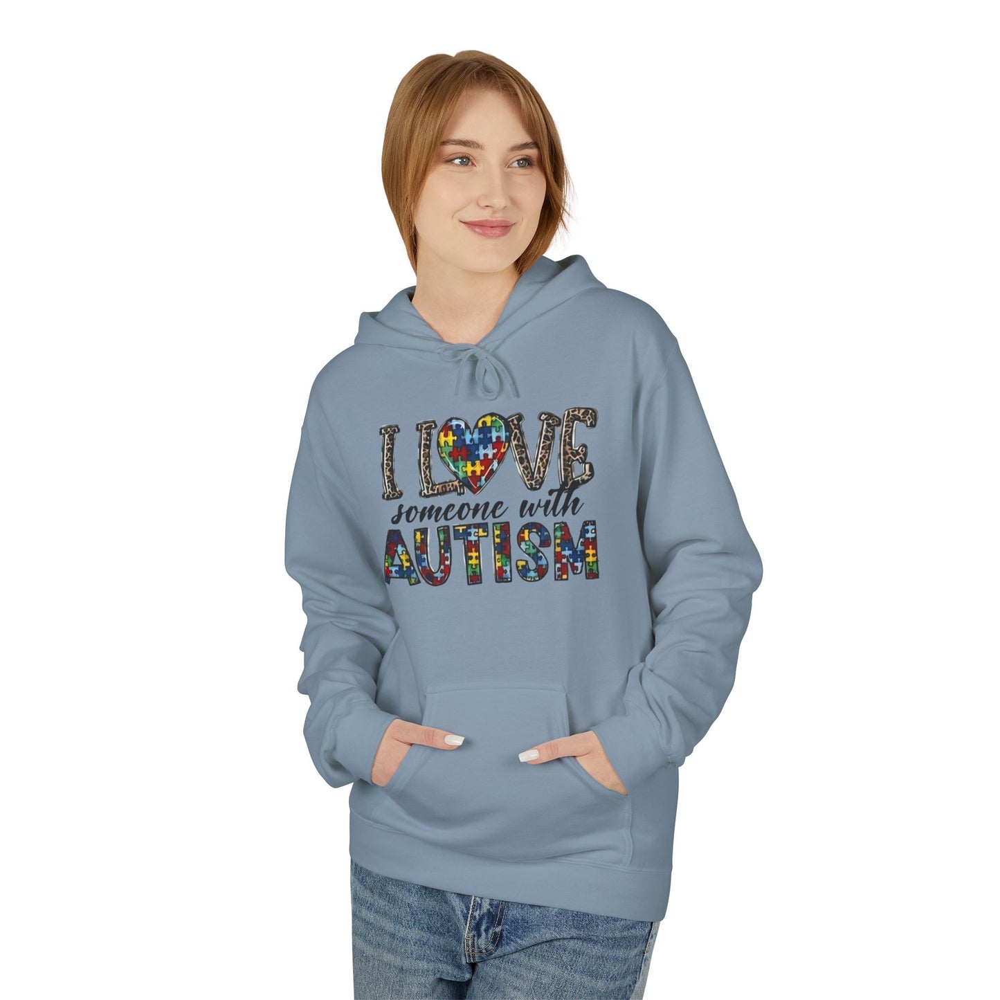 Autism Awareness Softstyle Hoodie - "I Love Someone With Autism" Puzzle Heart Design