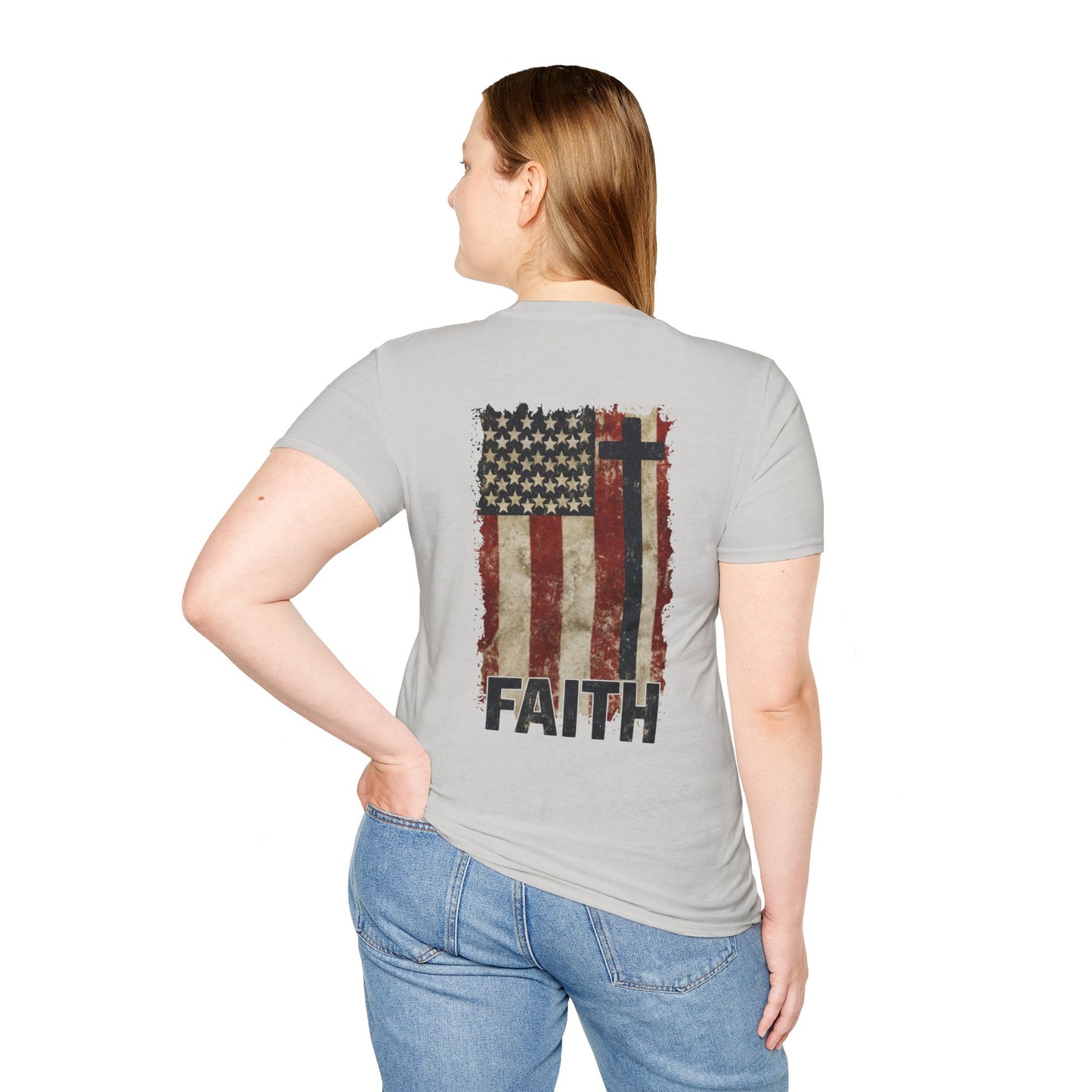 Faith-Inspired Unisex Softstyle T-Shirt, Vintage American Flag Tee, Inspirational Faith Shirt, Christian Apparel, Gifts for Believers