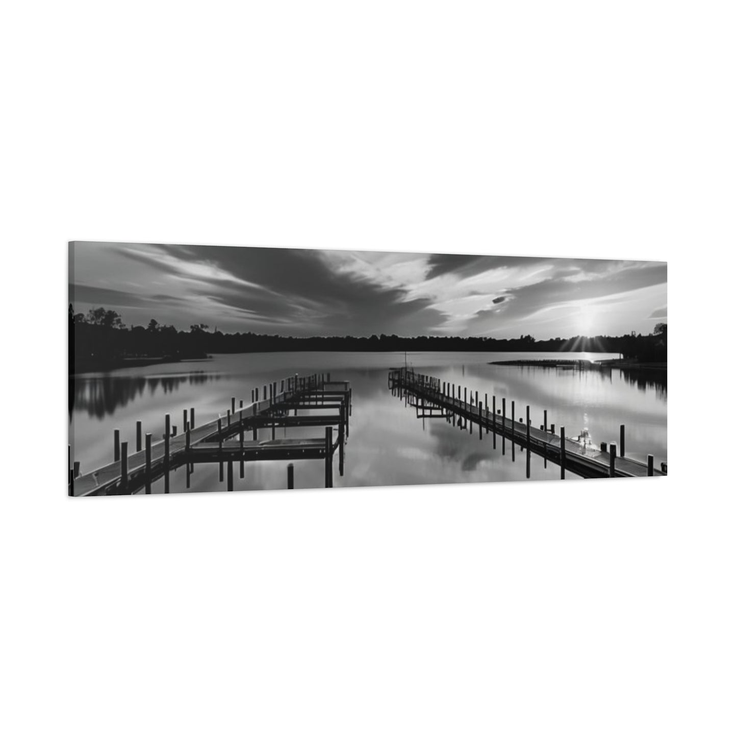 Serene Black and White Landscape Canvas Wall Art. Experience the calming vibe of overlooking the water at the end of the day.