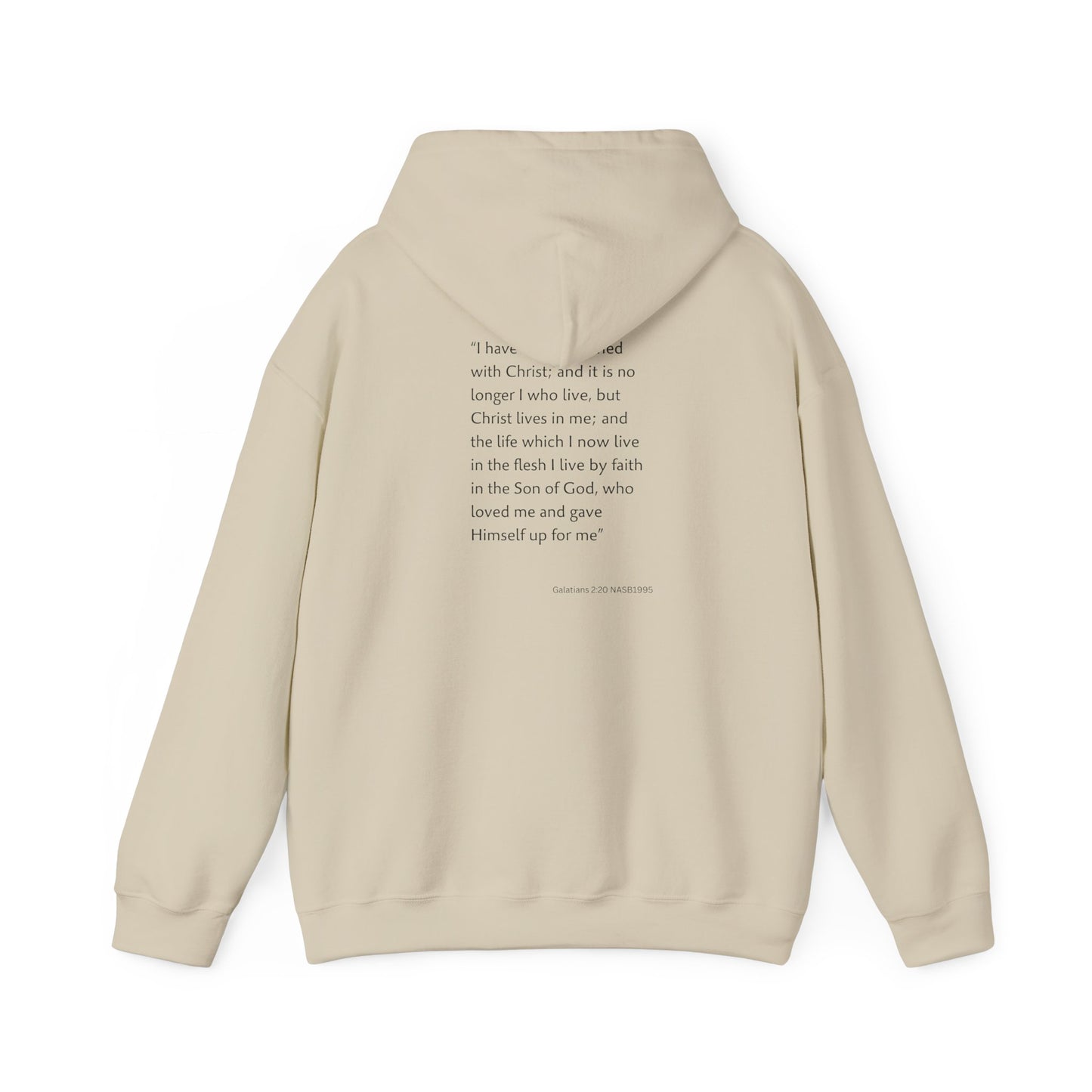 Faith Inspired Christian Cross with Thorns on Front and Galatians 2:20 on back Hooded Sweatshirt