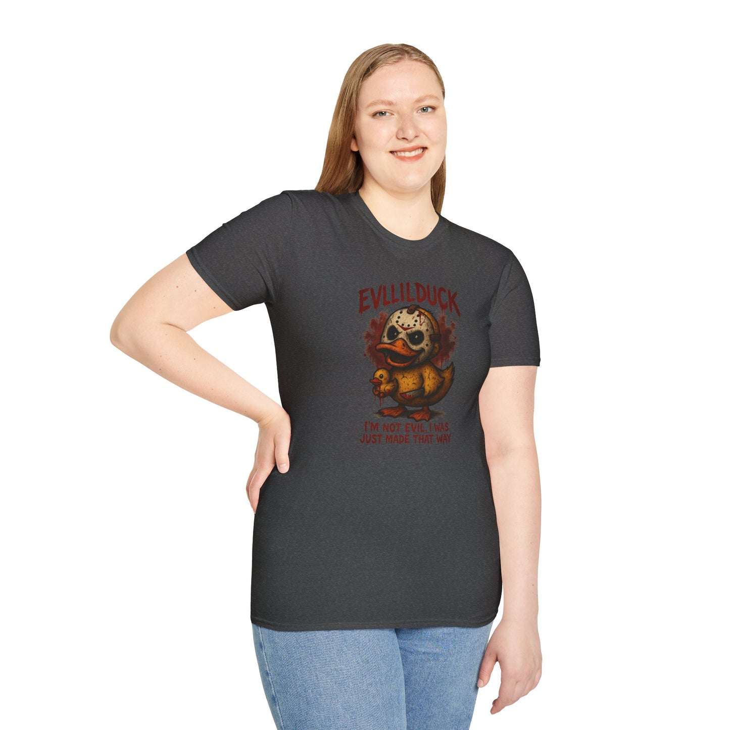 EVLLILDUCK Funny Graphic T-Shirt, Cute Duck Shirt, Unisex Softstyle Tee, Gift for Kids, Funny Quirky T-Shirt, Casual Wear, Halloween Apparel