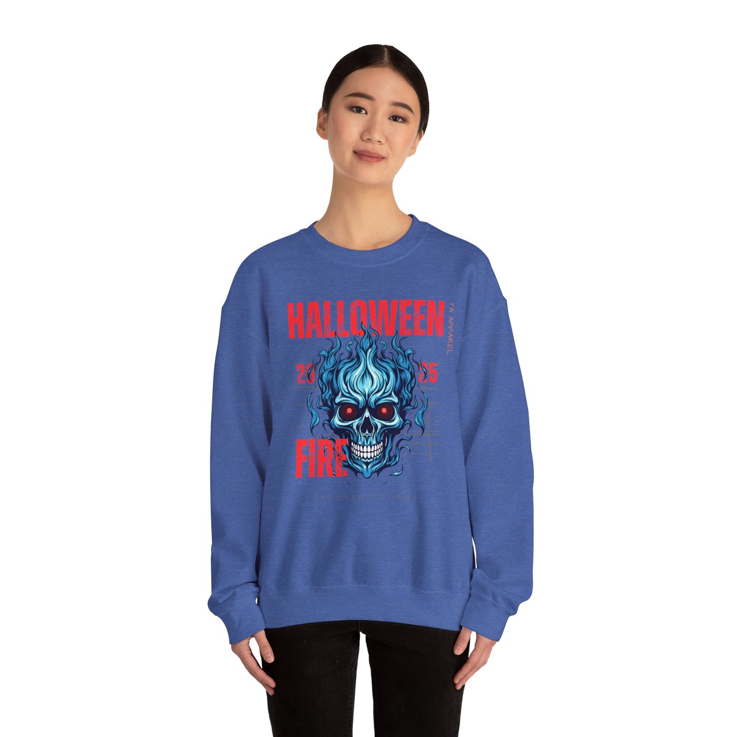 Halloween Fire Skull Sweatshirt, Unisex Crewneck for Fall, Spooky Season Apparel, Gift for Halloween Lovers, Cozy Awareness Top