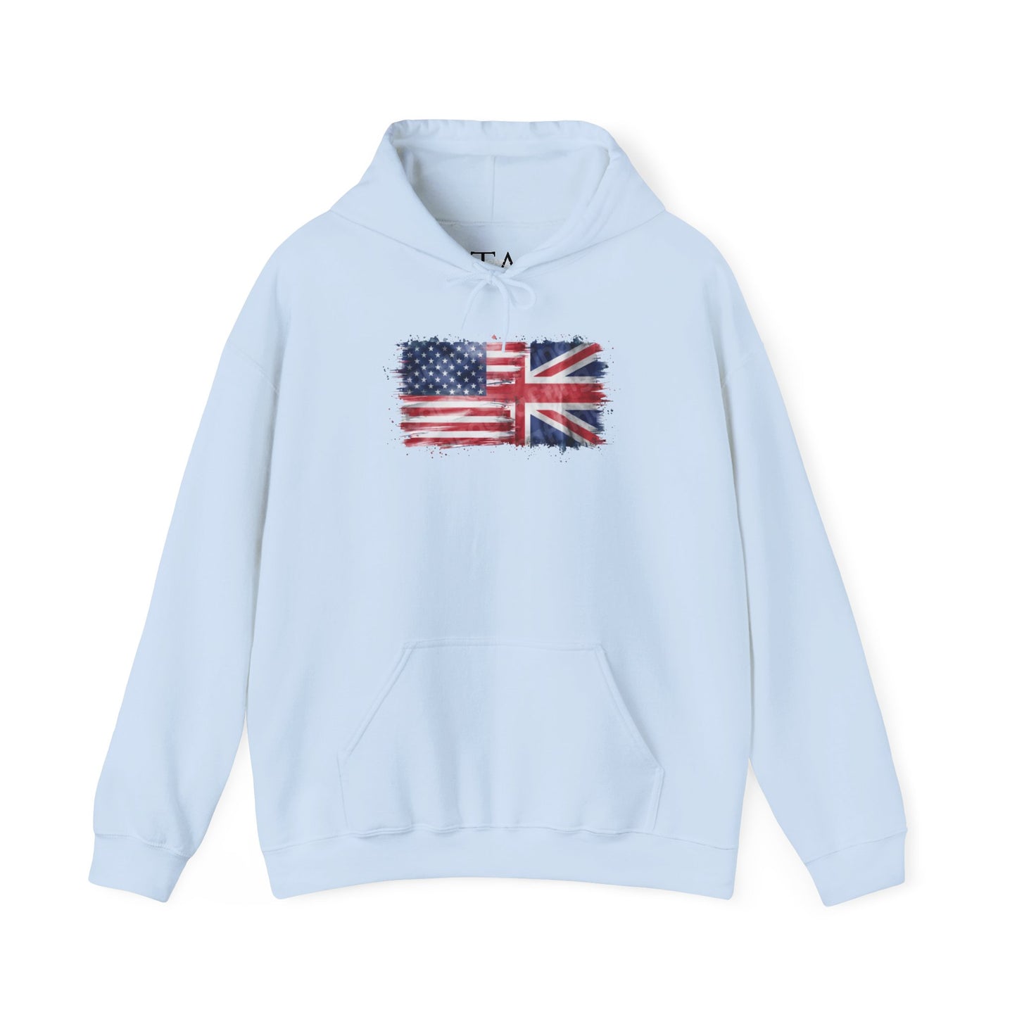 Patriotic Hooded Sweatshirt | Unisex Heavy Blend™ | USA & UK Flag Design | Cozy Gift for Holidays, Reunions, or Casual Wear