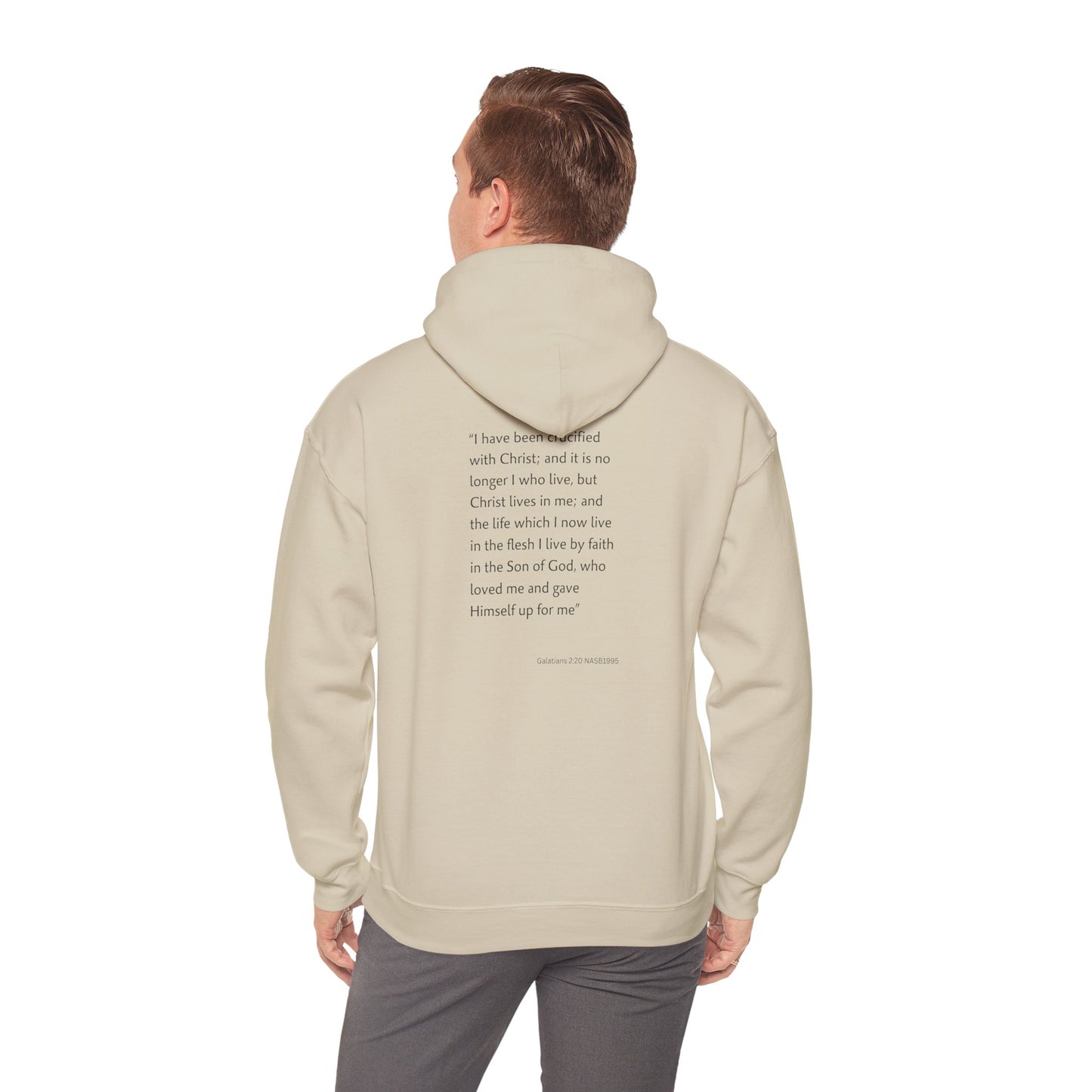Faith Inspired Christian Cross with Thorns on Front and Galatians 2:20 on back Hooded Sweatshirt