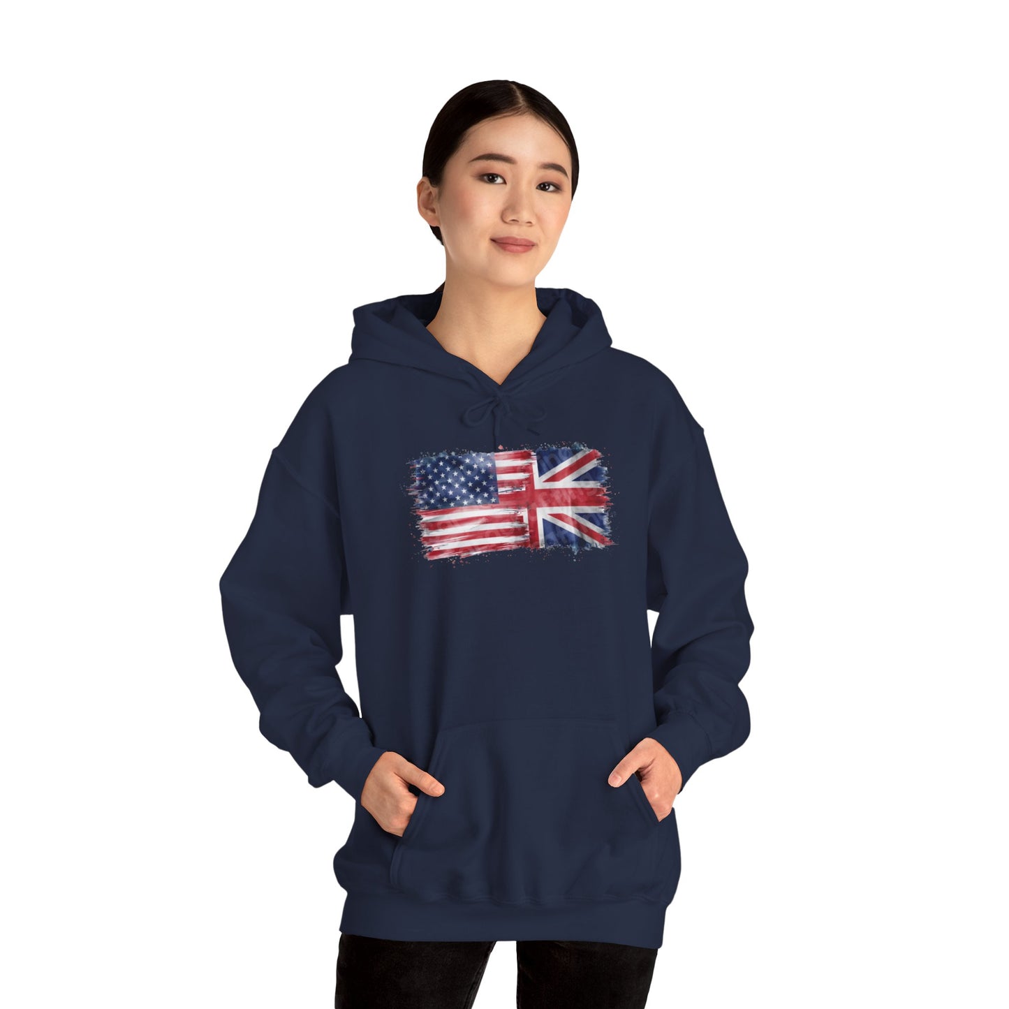 Patriotic Hooded Sweatshirt | Unisex Heavy Blend™ | USA & UK Flag Design | Cozy Gift for Holidays, Reunions, or Casual Wear