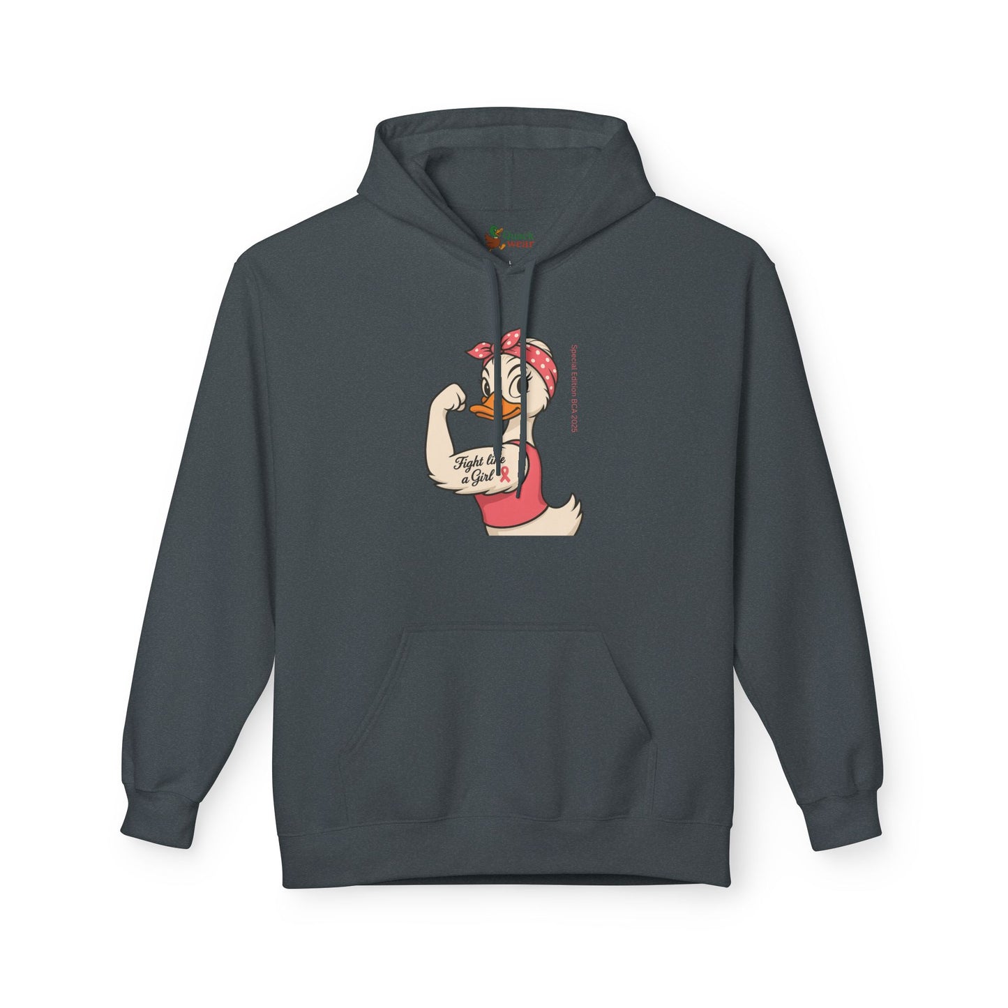 Breast Cancer Awareness Hoodie - Roxie the Riveter Duck Graphic - Fight Like a Girl Slogan, Feminist Apparel, Pink Ribbon Hoodie, Advocacy