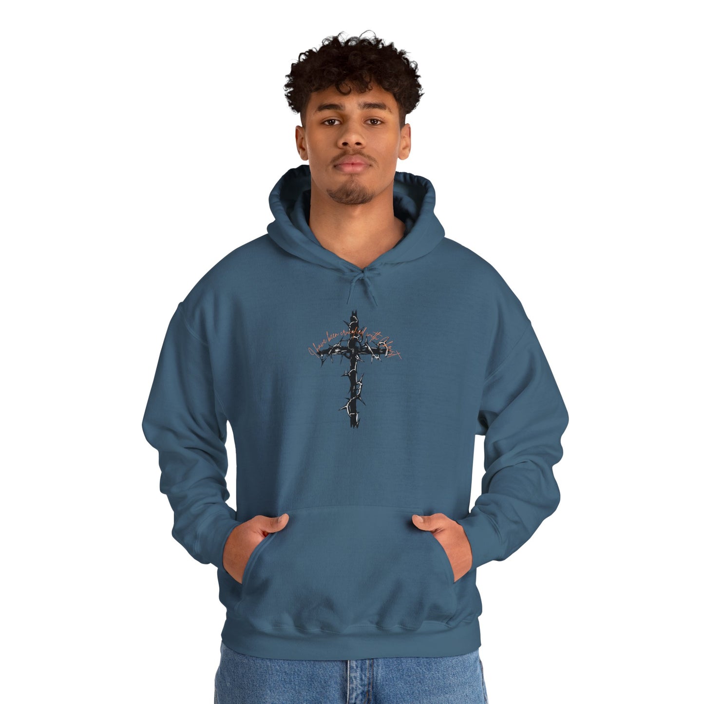 Faith Inspired Christian Cross with Thorns on Front and Galatians 2:20 on back Hooded Sweatshirt