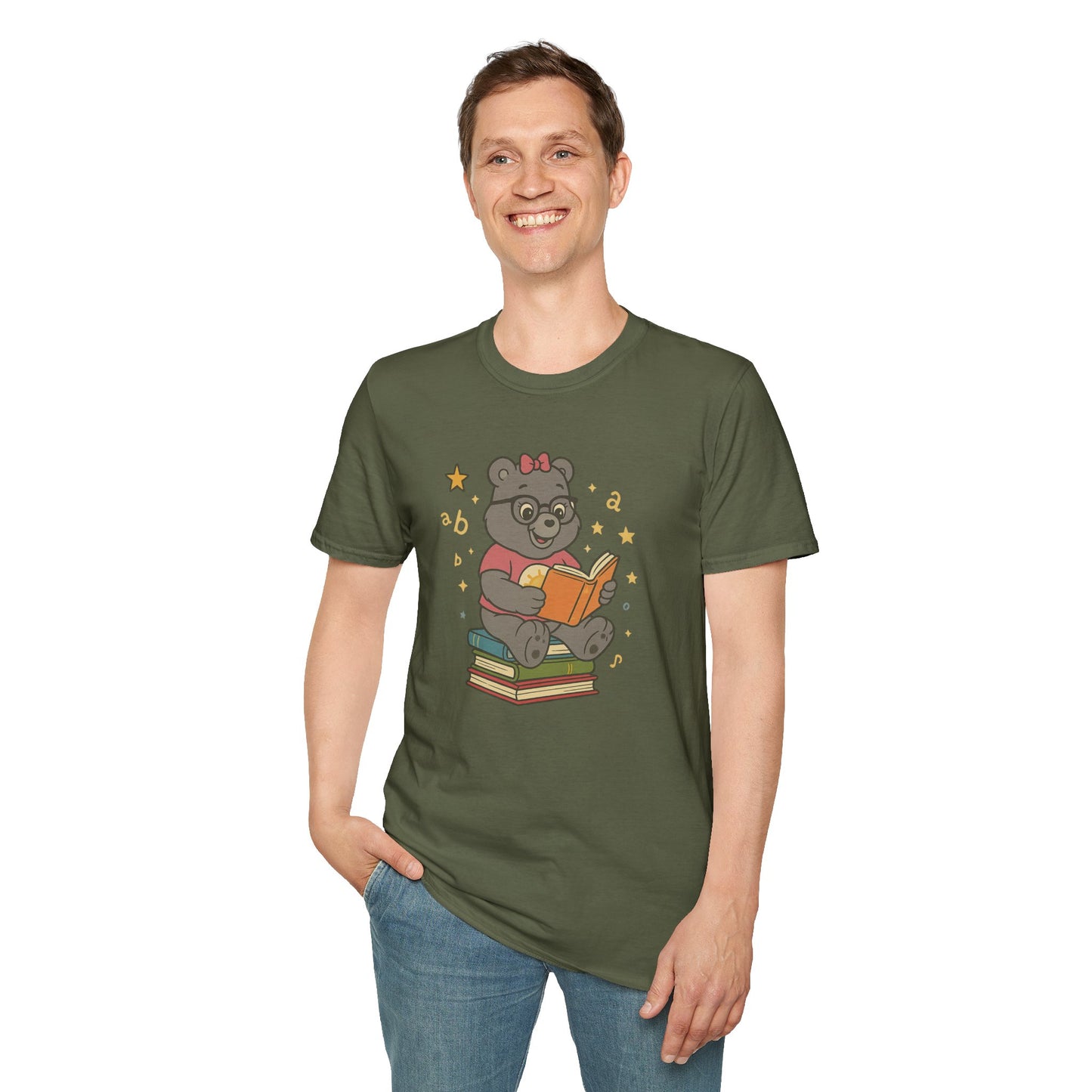 Carebear Jr Book Design Unisex Softstyle T-Shirt, Kids Graphic Tee, Children Reading Shirt, Cute Bear Illustration Top, Retro Style Apparel