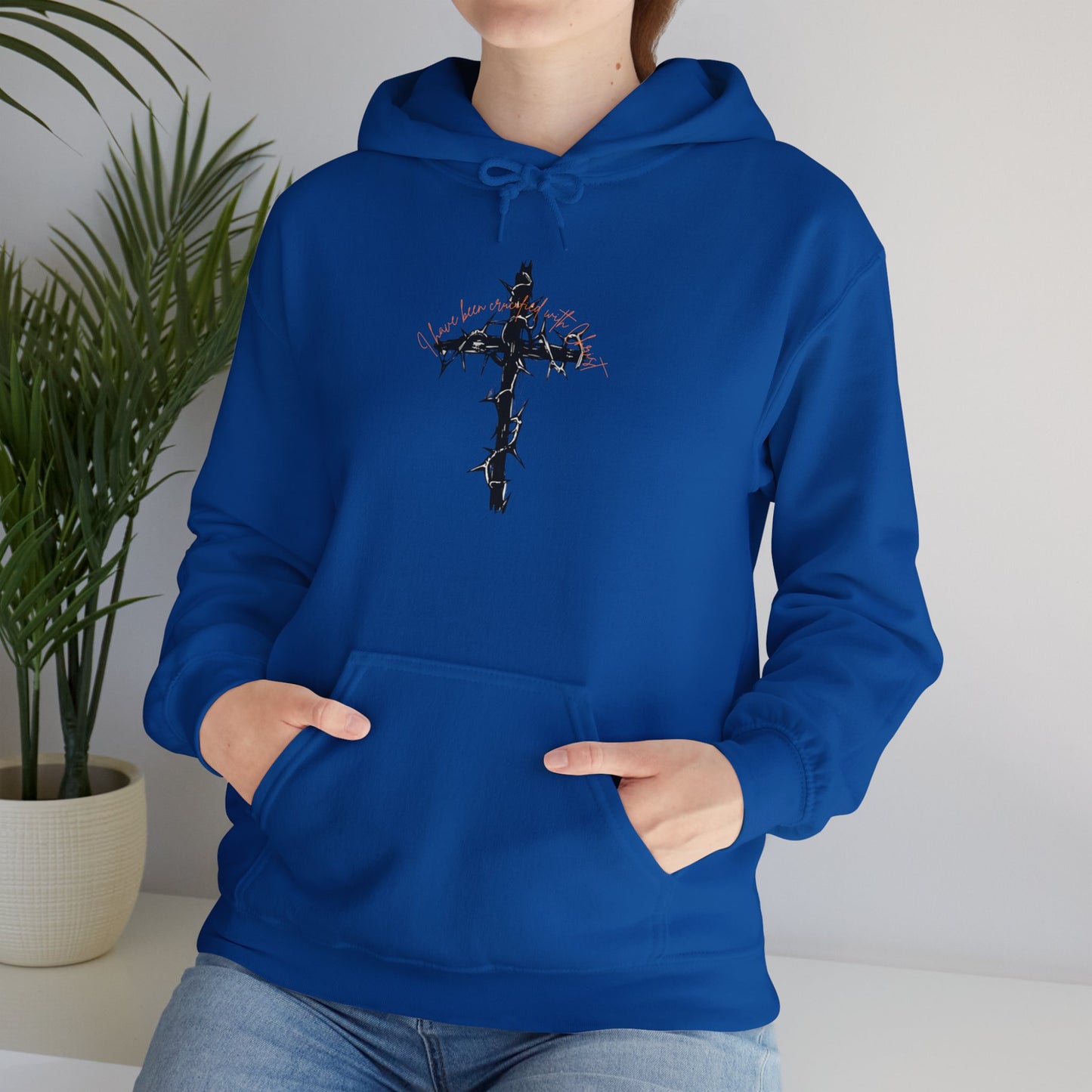 Faith Inspired Christian Cross with Thorns on Front and Galatians 2:20 on back Hooded Sweatshirt