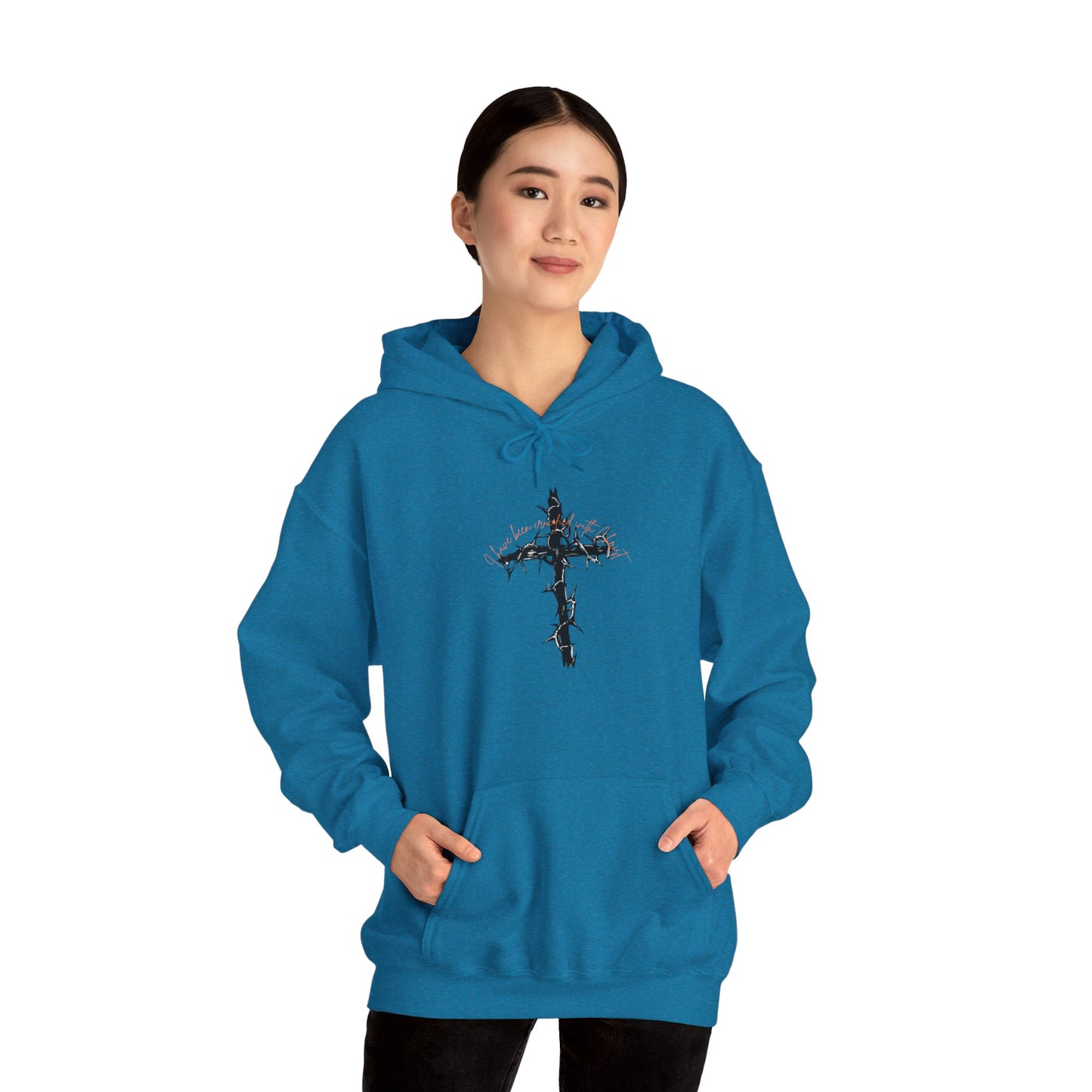 Faith Inspired Christian Cross with Thorns on Front and Galatians 2:20 on back Hooded Sweatshirt