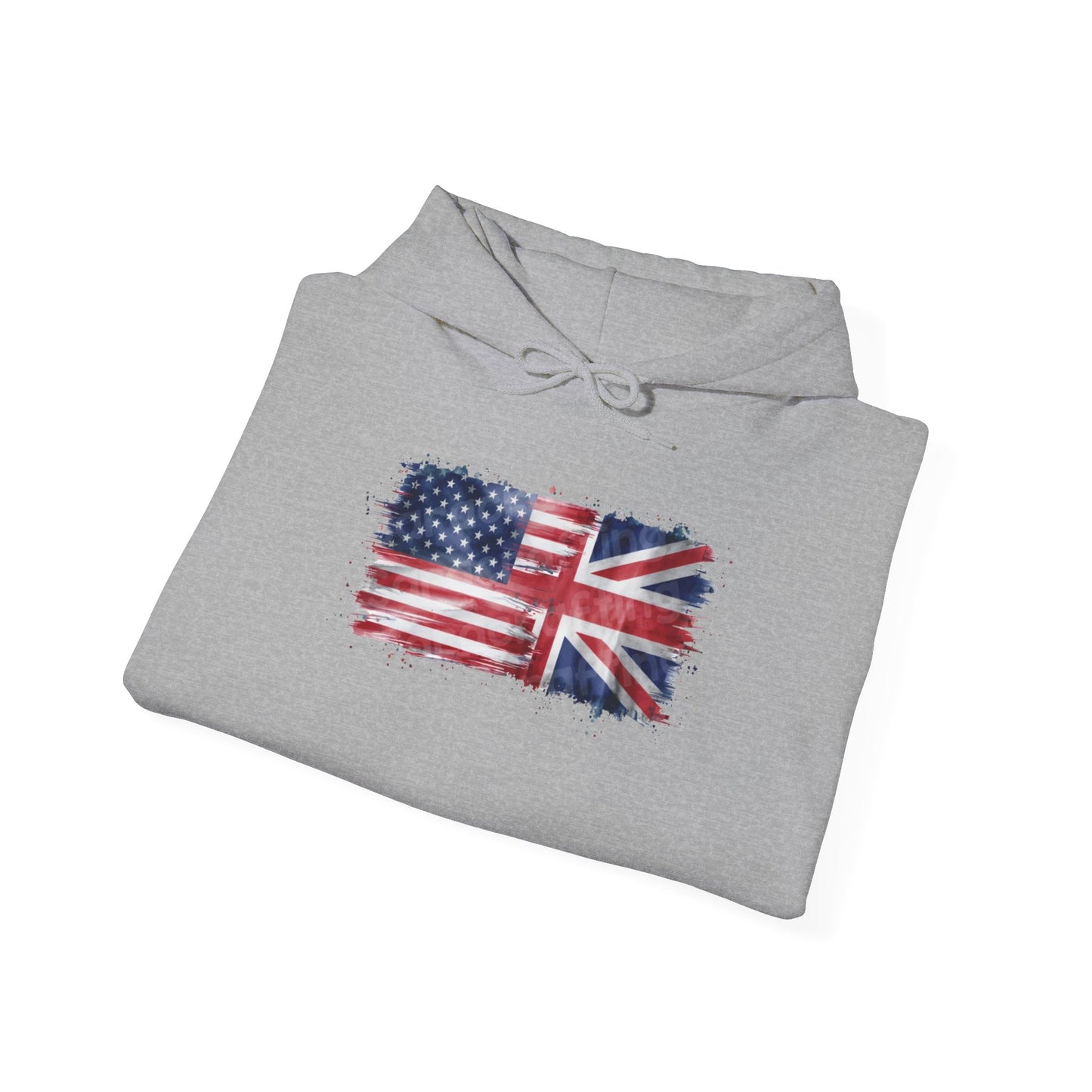 Patriotic Hooded Sweatshirt | Unisex Heavy Blend™ | USA & UK Flag Design | Cozy Gift for Holidays, Reunions, or Casual Wear